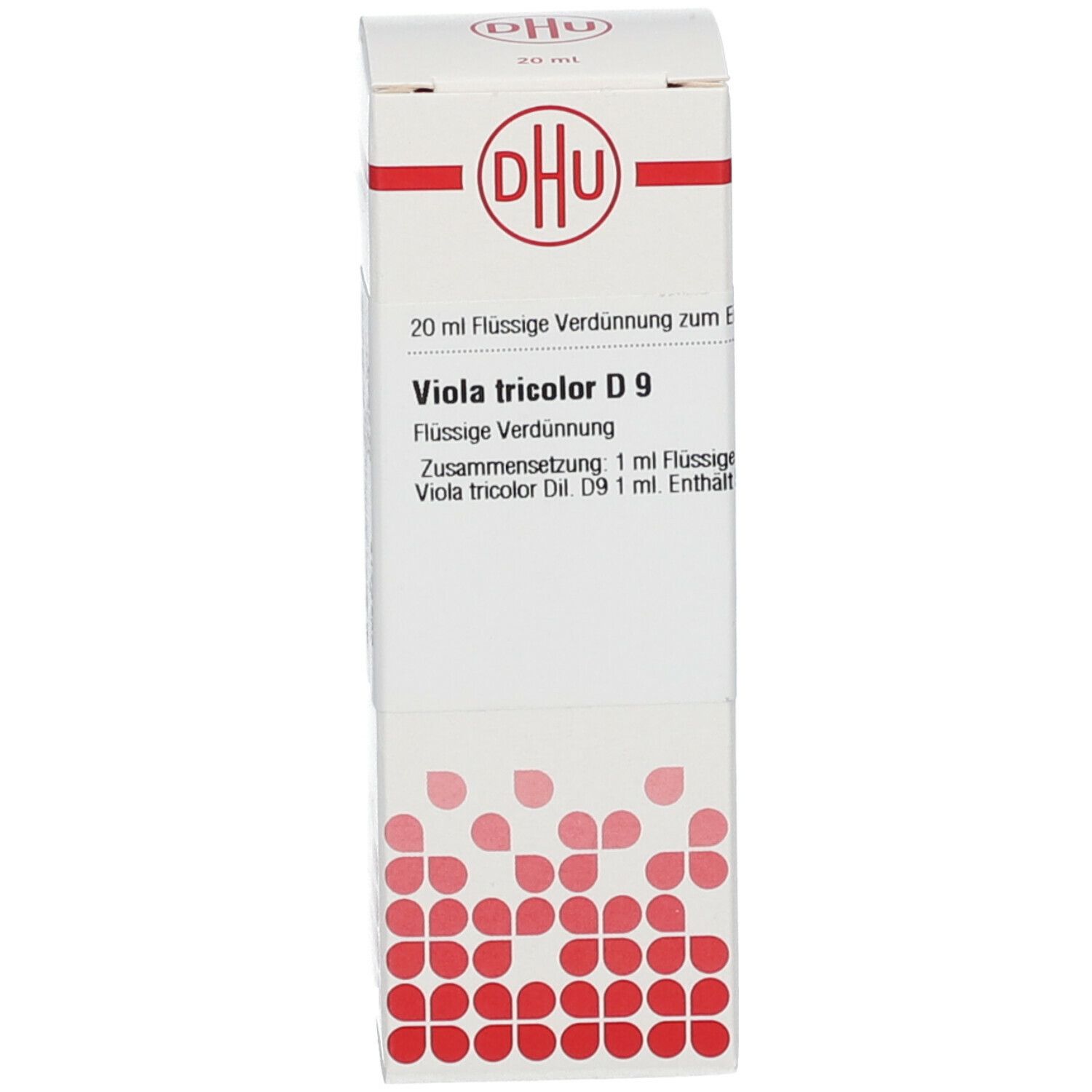 Karton mit DHU-Logo und Text: Viola tricolor D9. Flüssige Verdünnung. Rote Punkte auf weißem Hintergrund.