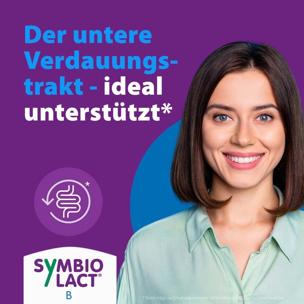 Frau lächelt. Hintergrund: Lila mit Text und SymbioLact B Logo. Text: Der untere Verdauungstrakt - ideal unterstützt.
