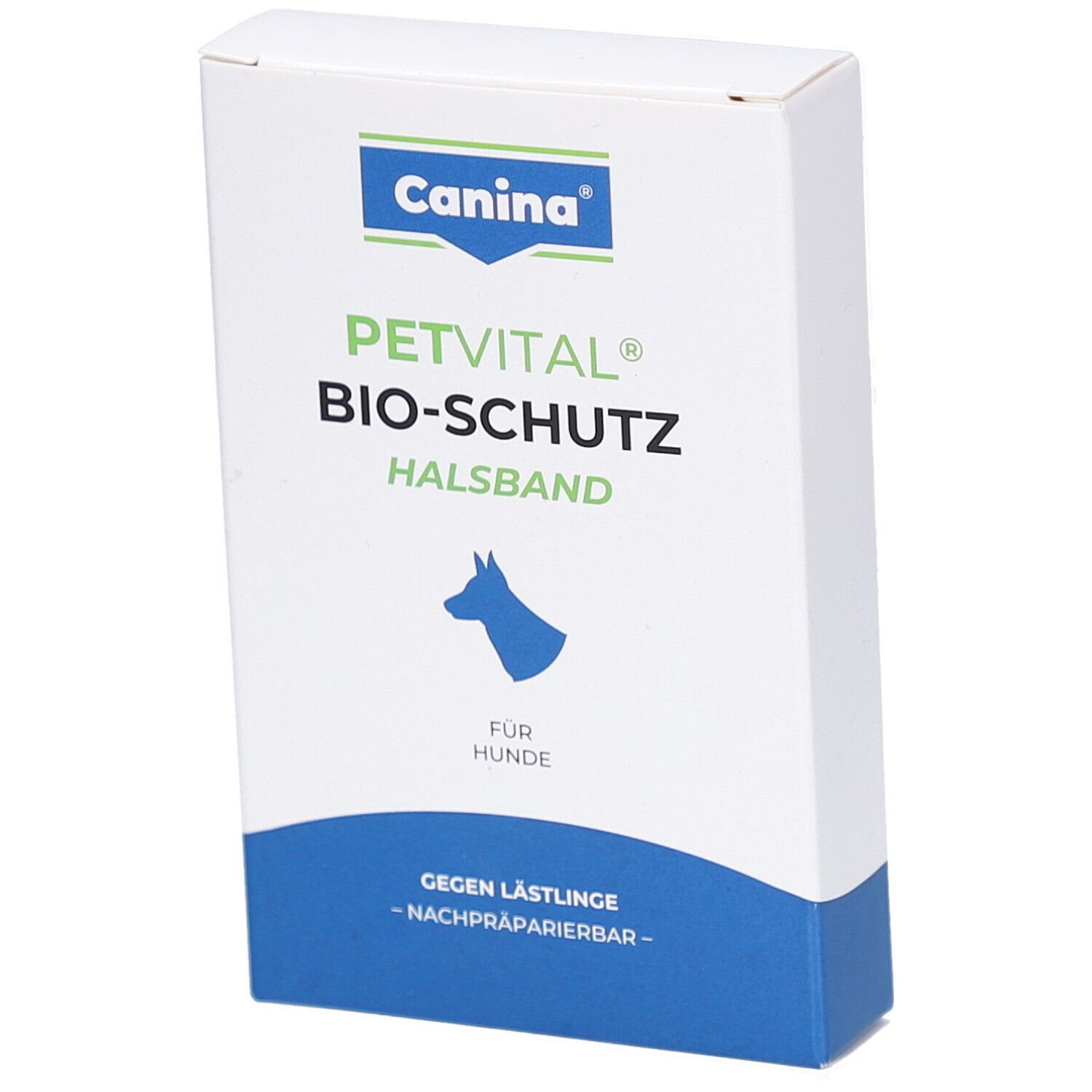 Verpackung von Canina PETVITAL Bio-Schutzhalsband. Weiß mit blauen Akzenten. Logo und Produktname deutlich sichtbar.