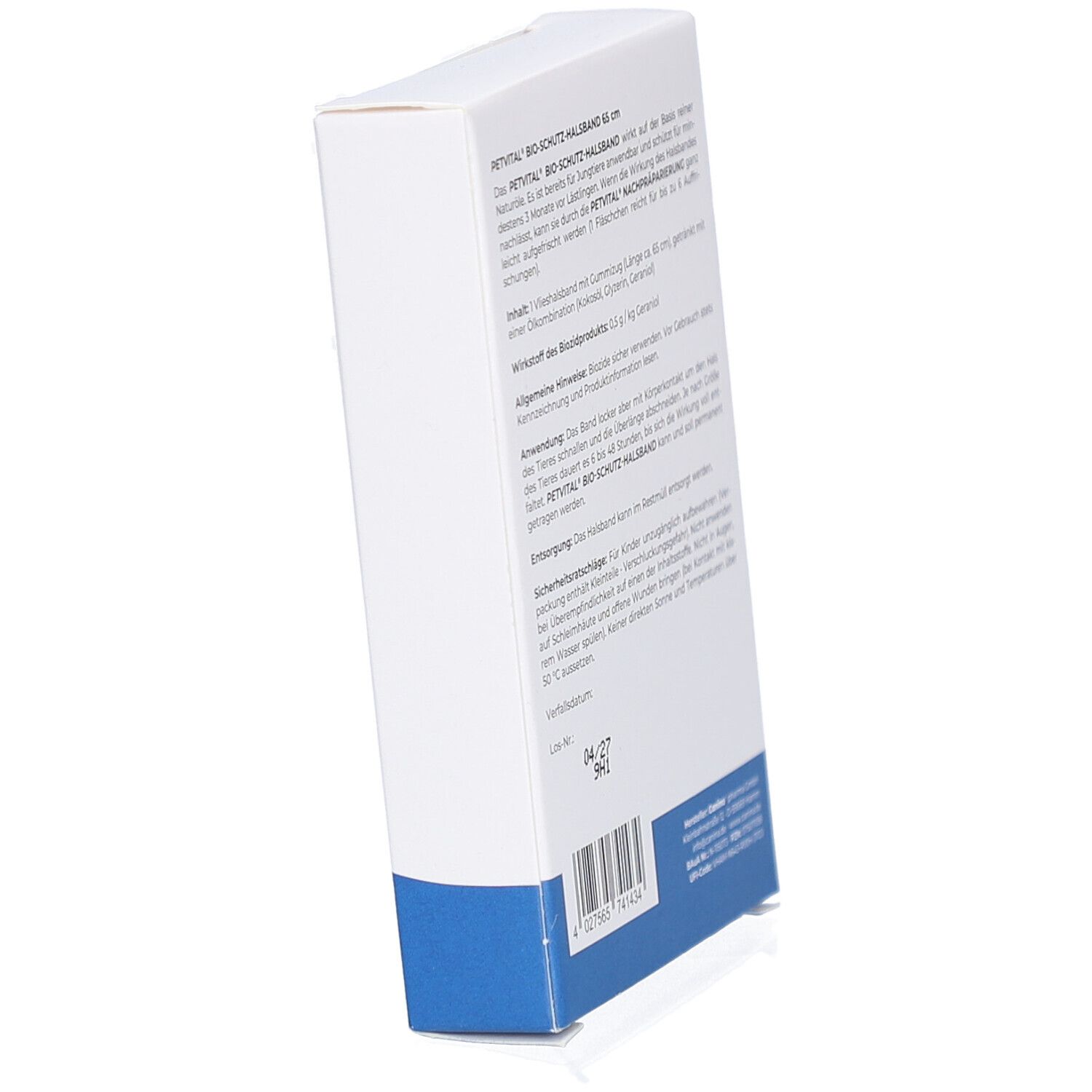 Schräge Ansicht der Verpackung von Canina PETVITAL Bio-Schutzhalsband. Text und blaue Basis.