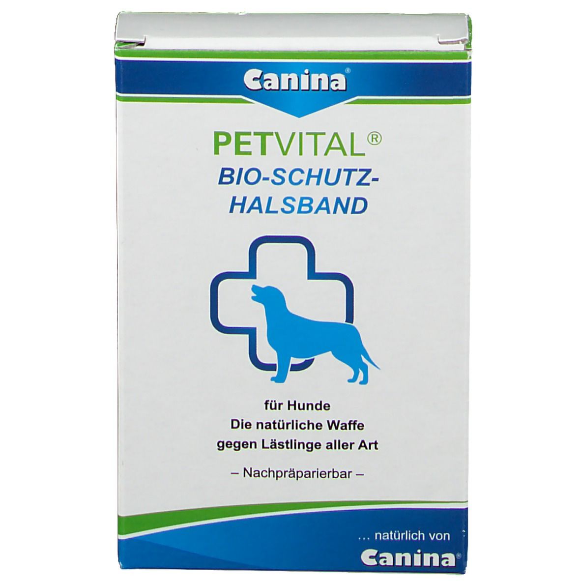 Verpackung mit Produktlogo und -namen. Blauer Hund in Kreuzform. Text: Bio-Schutzhalsband für Hunde.