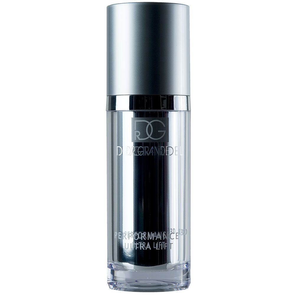 Zylindrische Flasche mit silbernem Deckel. Aufschrift: DR. GRANDEL PERFORMANCE 3D ULTRA LIFT.