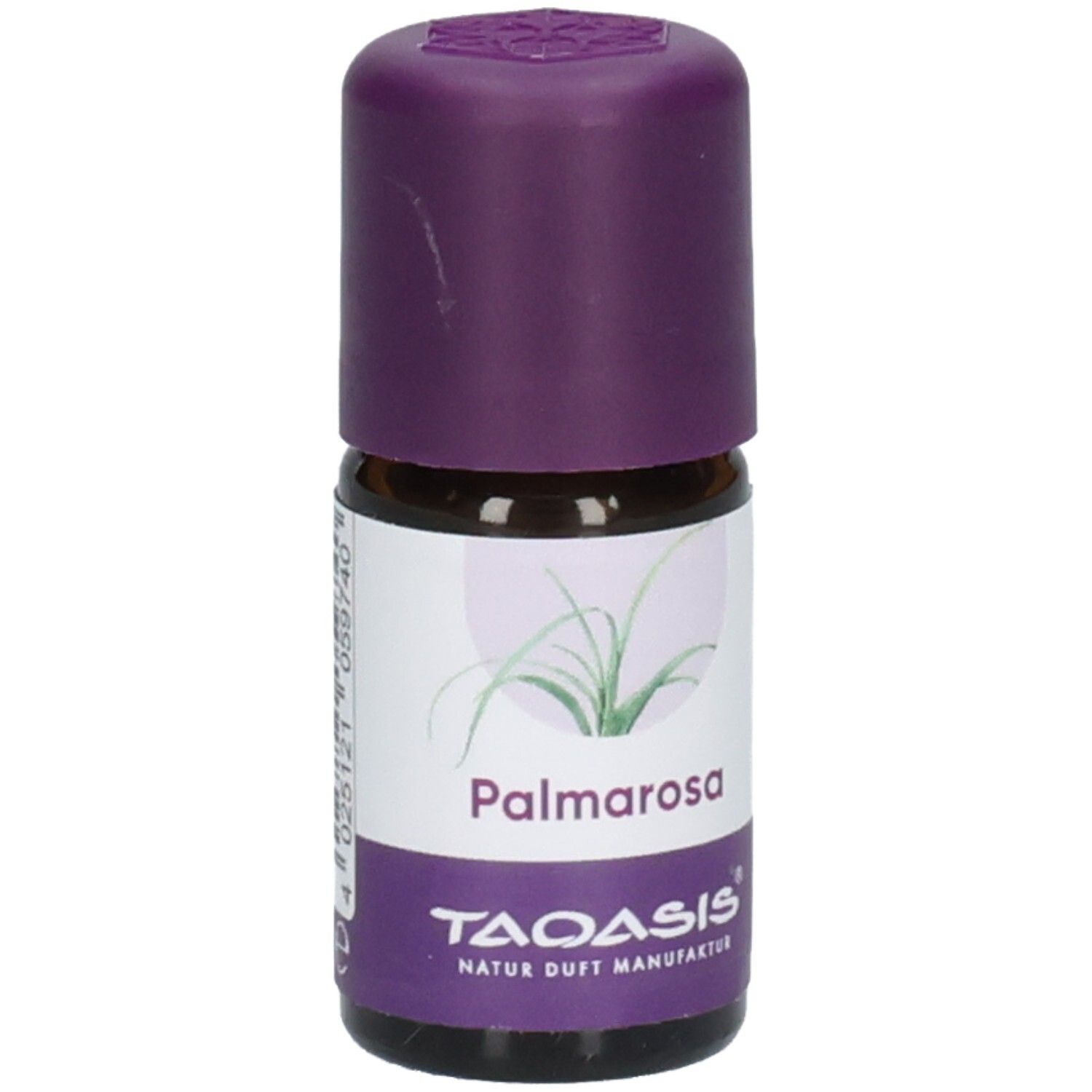 Braune Glasflasche mit lila Verschluss. Etikett mit Palmarosa-Schriftzug und Pflanzenabbildung. Marke TAOASIS.