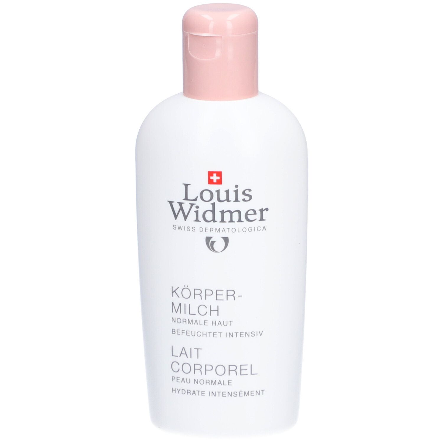 Weiße Flasche mit rosa Verschluss. Aufschrift: Louis Widmer, Körpermilch, normale Haut, Lait Corporel.