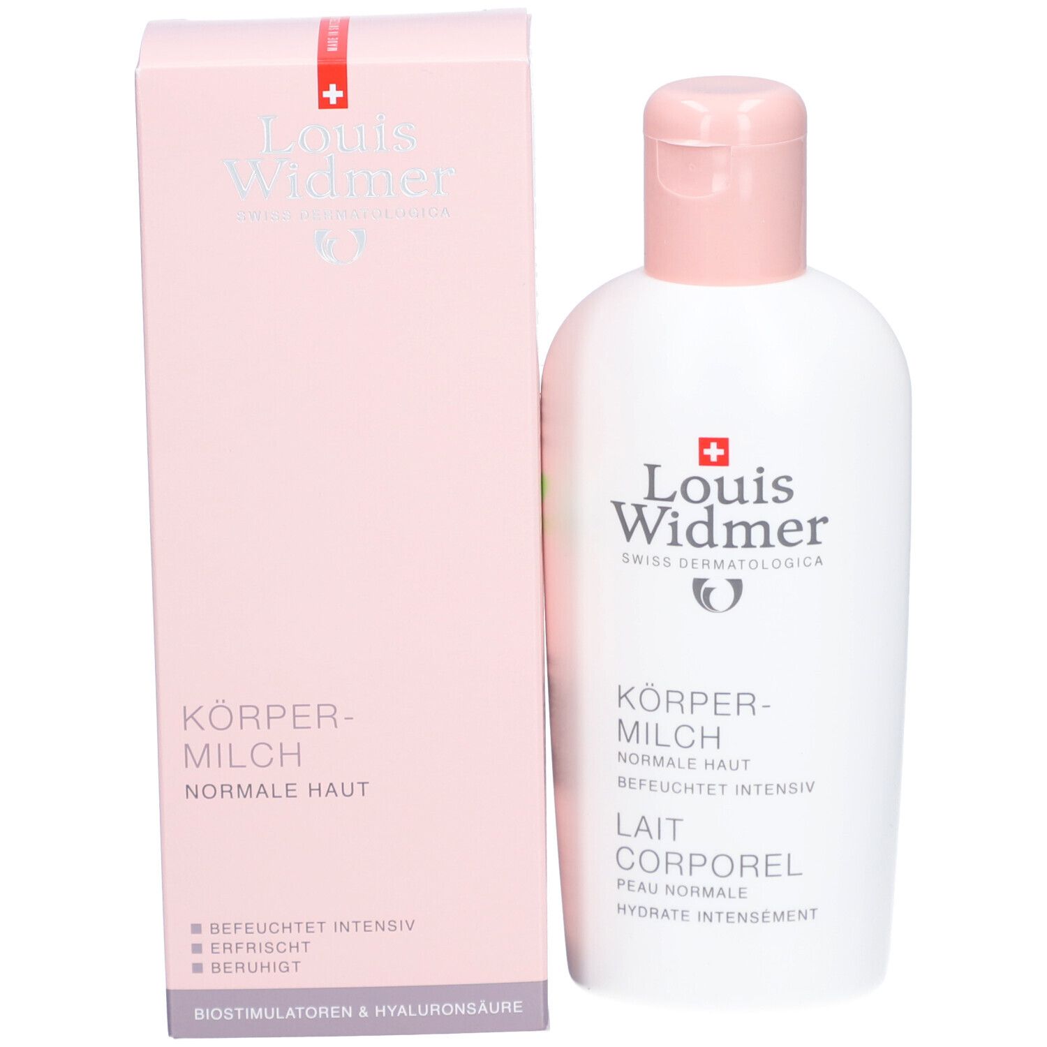 Produktverpackung und Flasche. Aufschrift: Louis Widmer, Körpermilch, normale Haut. Flasche mit rosa Verschluss.