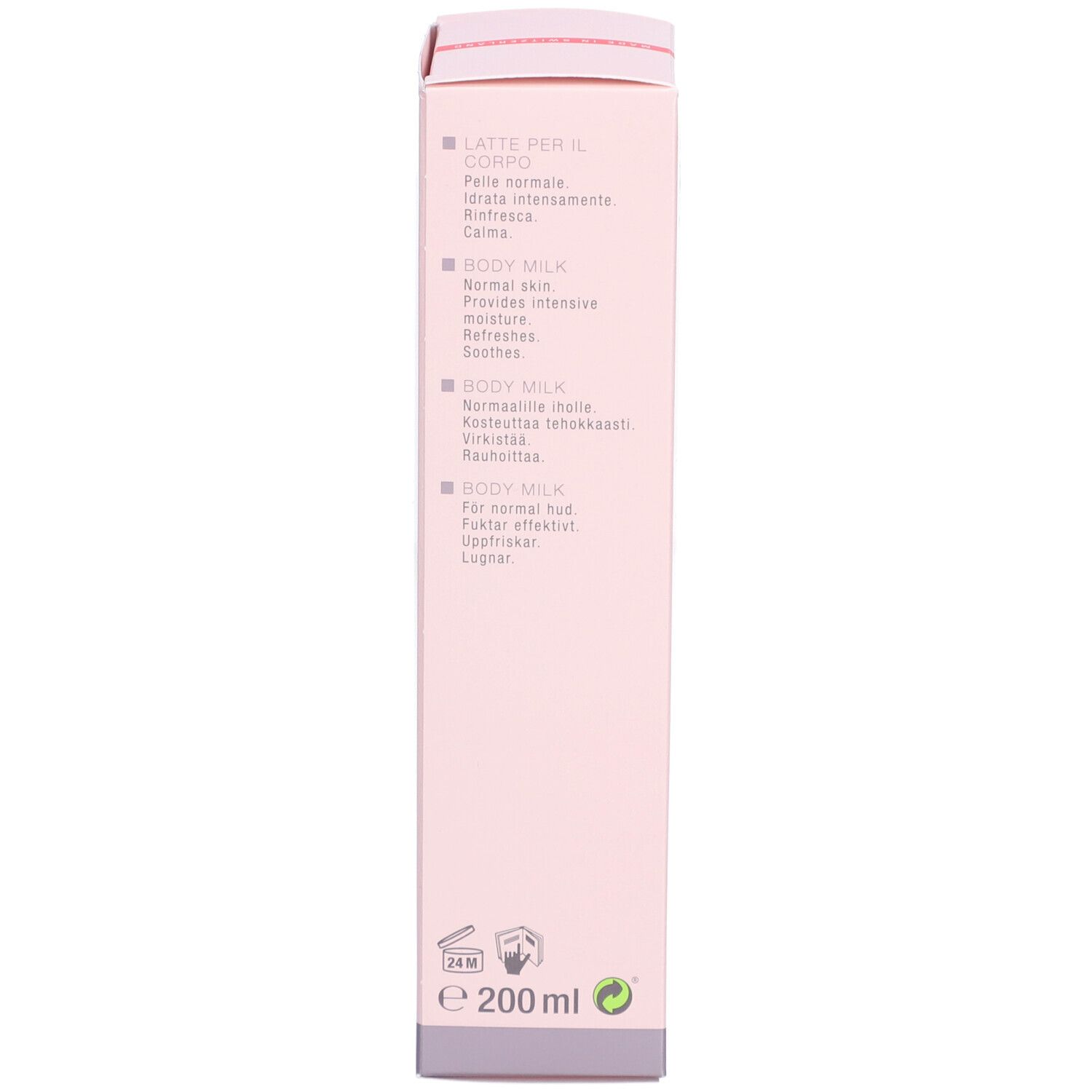 Produktverpackung. Aufschrift: Lait Corporel, normale Haut, hydrate intensément. Inhalt: 200 ml.