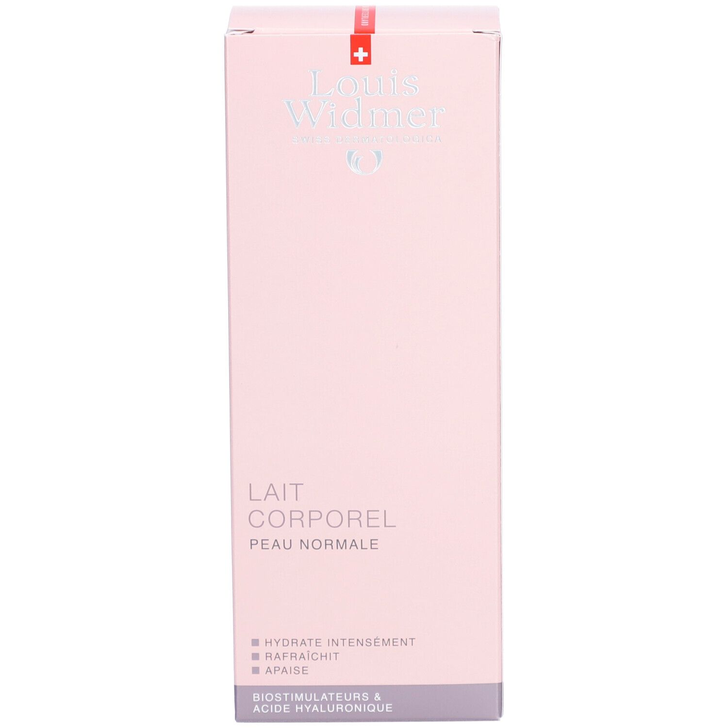 Produktverpackung. Aufschrift: Lait Corporel, peau normale, hydrate intensément. Marke: Louis Widmer.