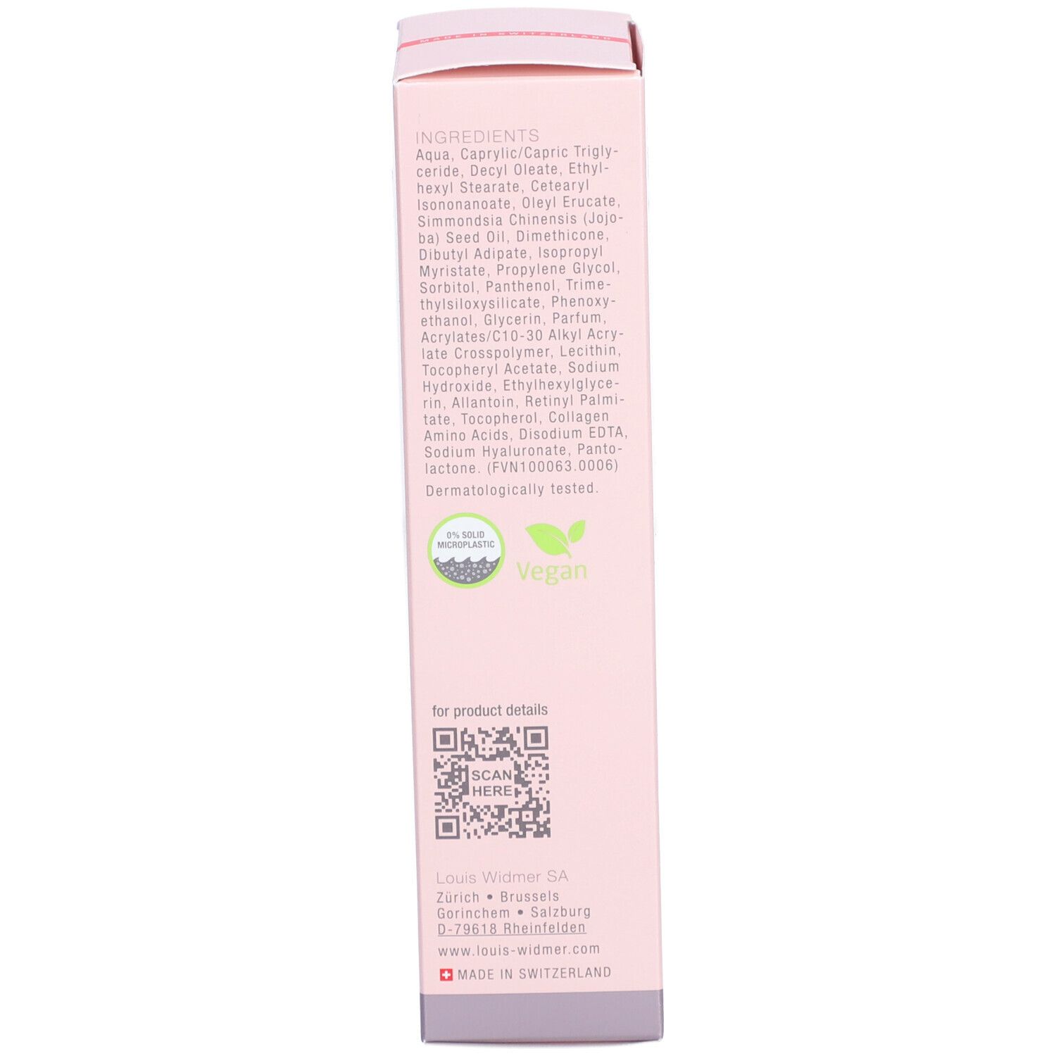 Produktverpackung. Aufschrift: Inhaltsstoffe, dermatologisch getestet, vegan. Marke: Louis Widmer.