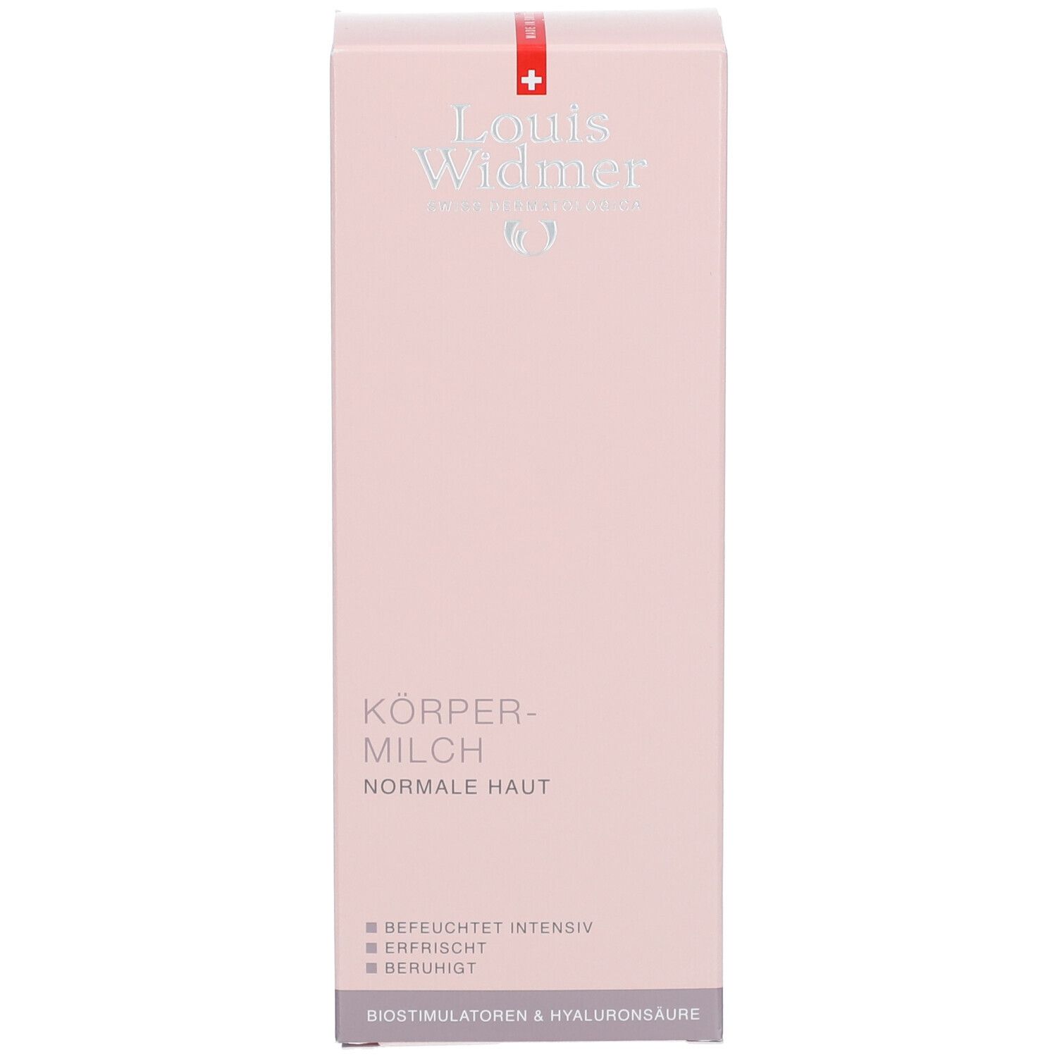 Produktverpackung. Aufschrift: Körpermilch, normale Haut, befeuchtet intensiv. Marke: Louis Widmer.