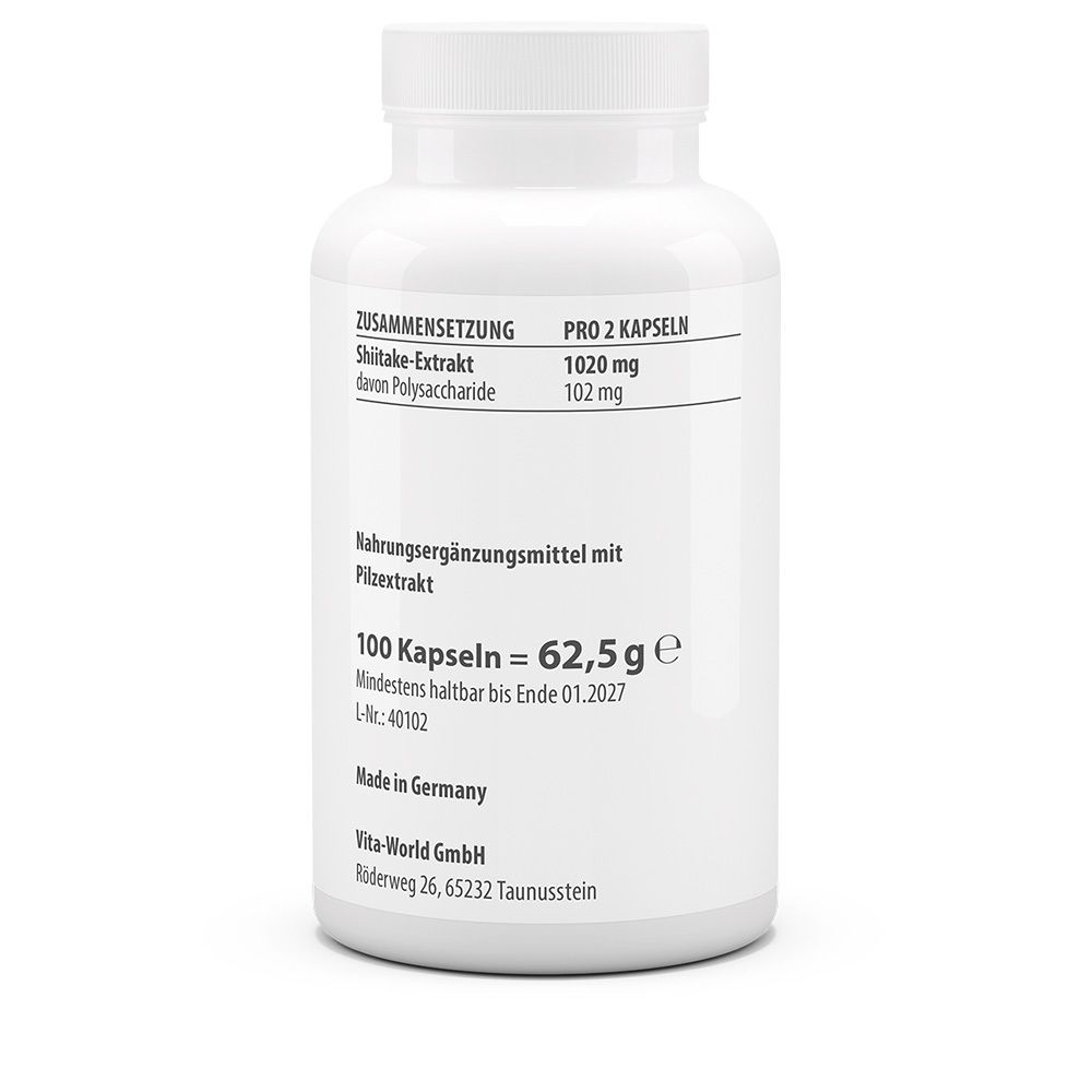 Rückseite der Flasche. Angaben zur Zusammensetzung, Nährwertangaben, Mindesthaltbarkeit, Hersteller. 100 Kapseln.