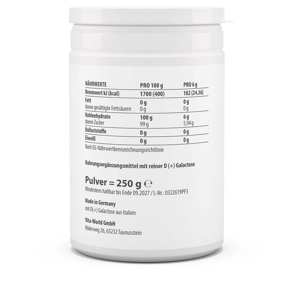 Rückseite des weißen Produktglases. Nährwerttabelle. Text: Pulver = 250 g. Mindestens haltbar bis 09.2027.