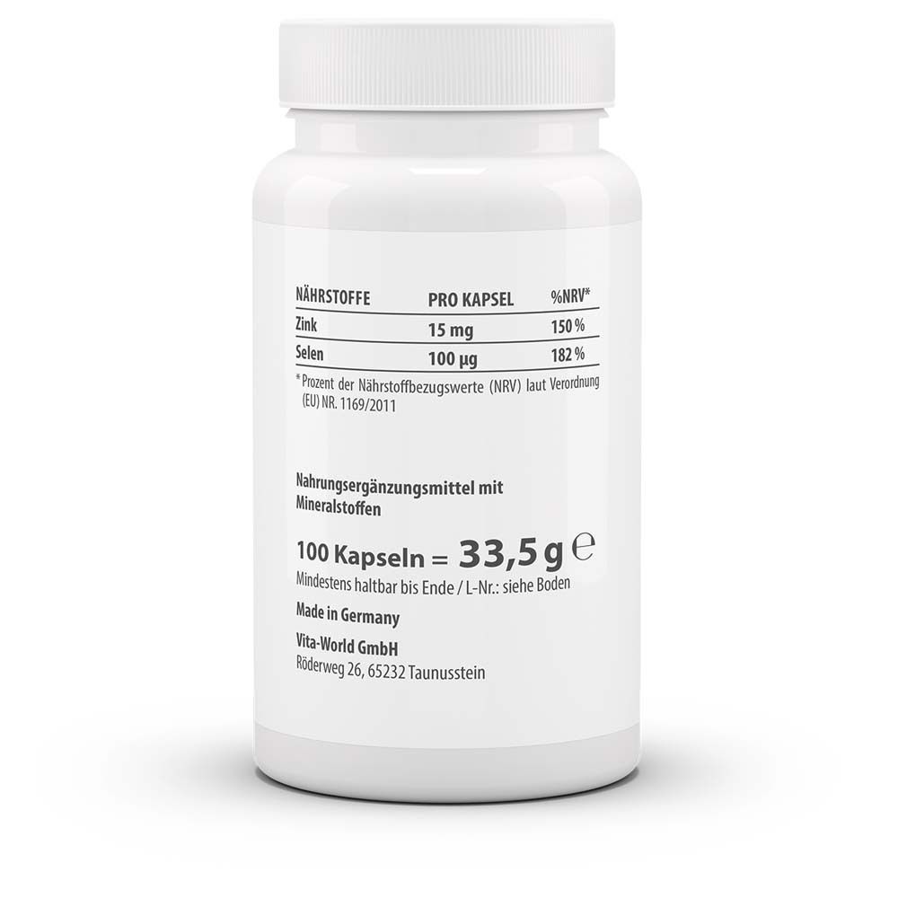Rückseite der Flasche. Angaben zu Nährstoffen: Zink, Selen. 100 Kapseln = 33,5 g. Mindesthaltbarkeit.