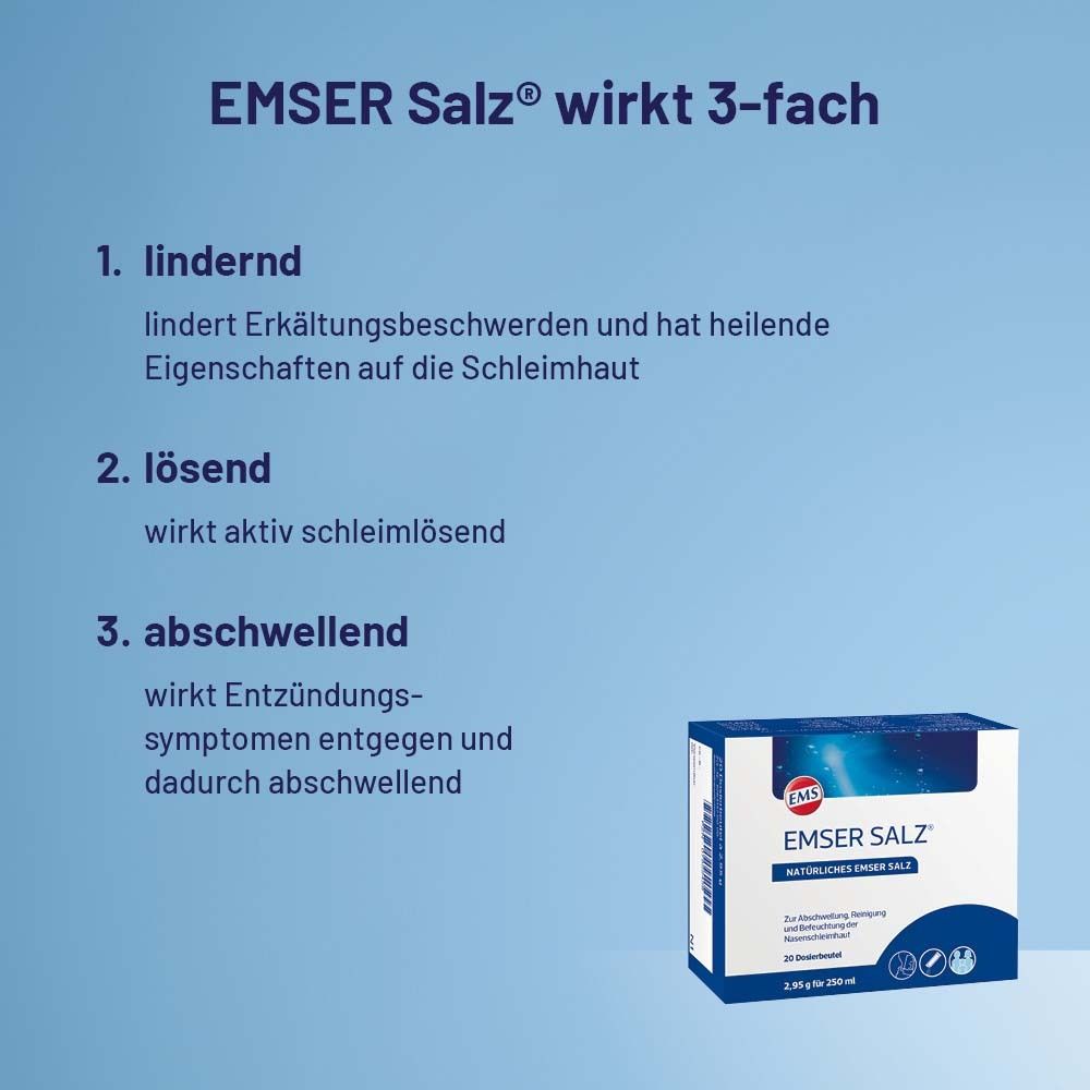 Text mit Überschrift: EMSER Salz wirkt 3-fach. 1. lindernd. 2. lösend. 3. abschwellend. Produktverpackung im Hintergrund.