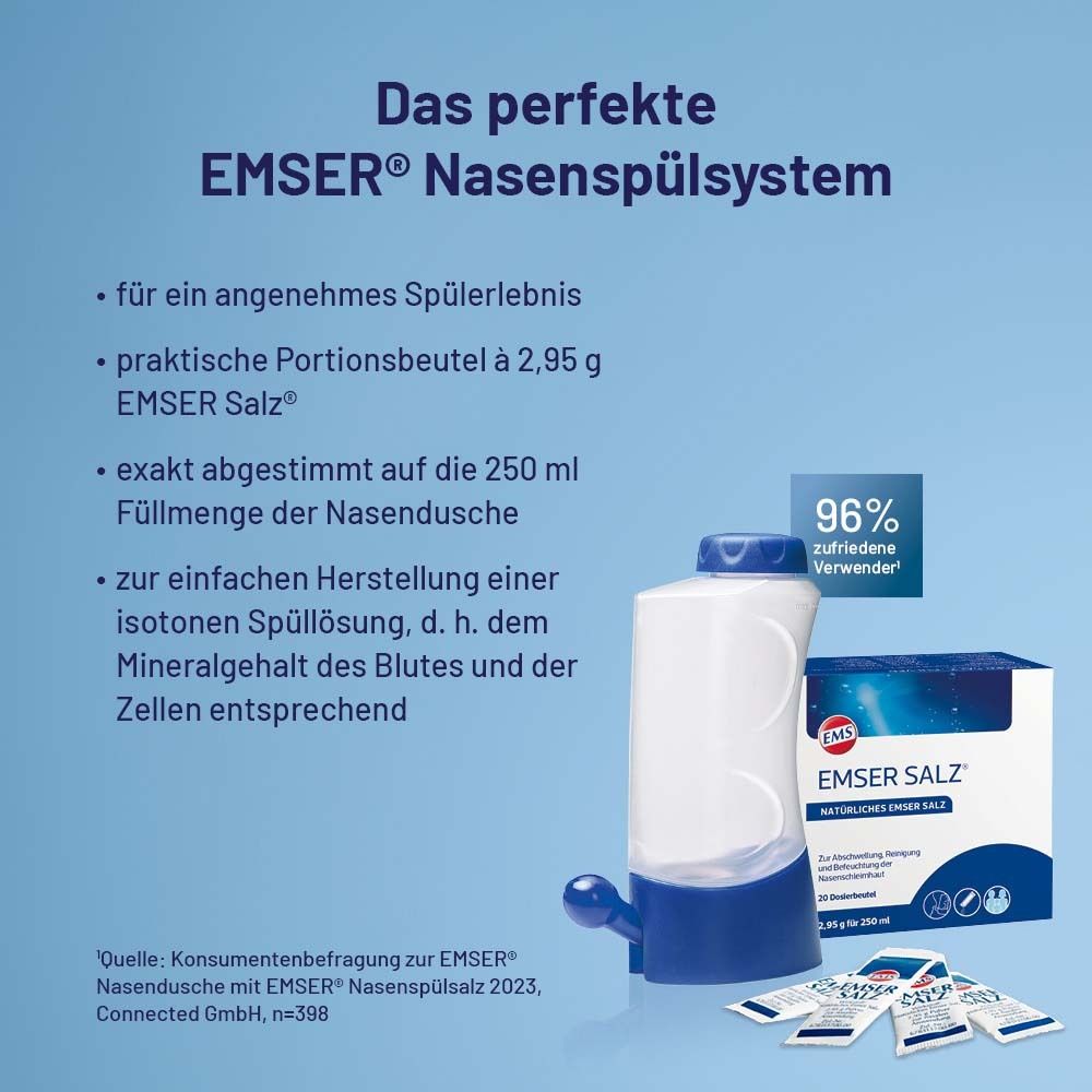 Nasenspülsystem mit "EMSER SALZ". Text: Das perfekte EMSER Nasenspülsystem. Portionenbeutel.