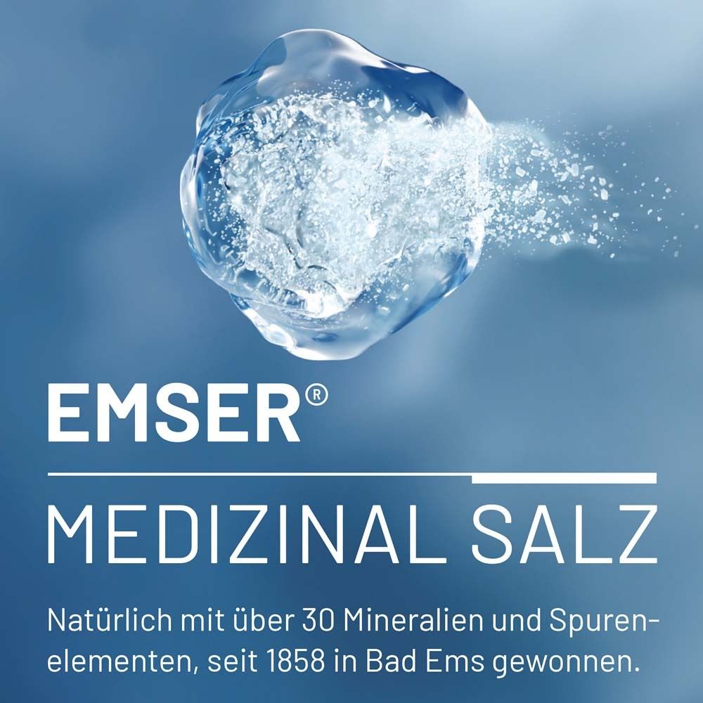 Text: EMSER MEDIZINAL SALZ. Natürliches Salz mit Mineralien. Wasser-Darstellung.