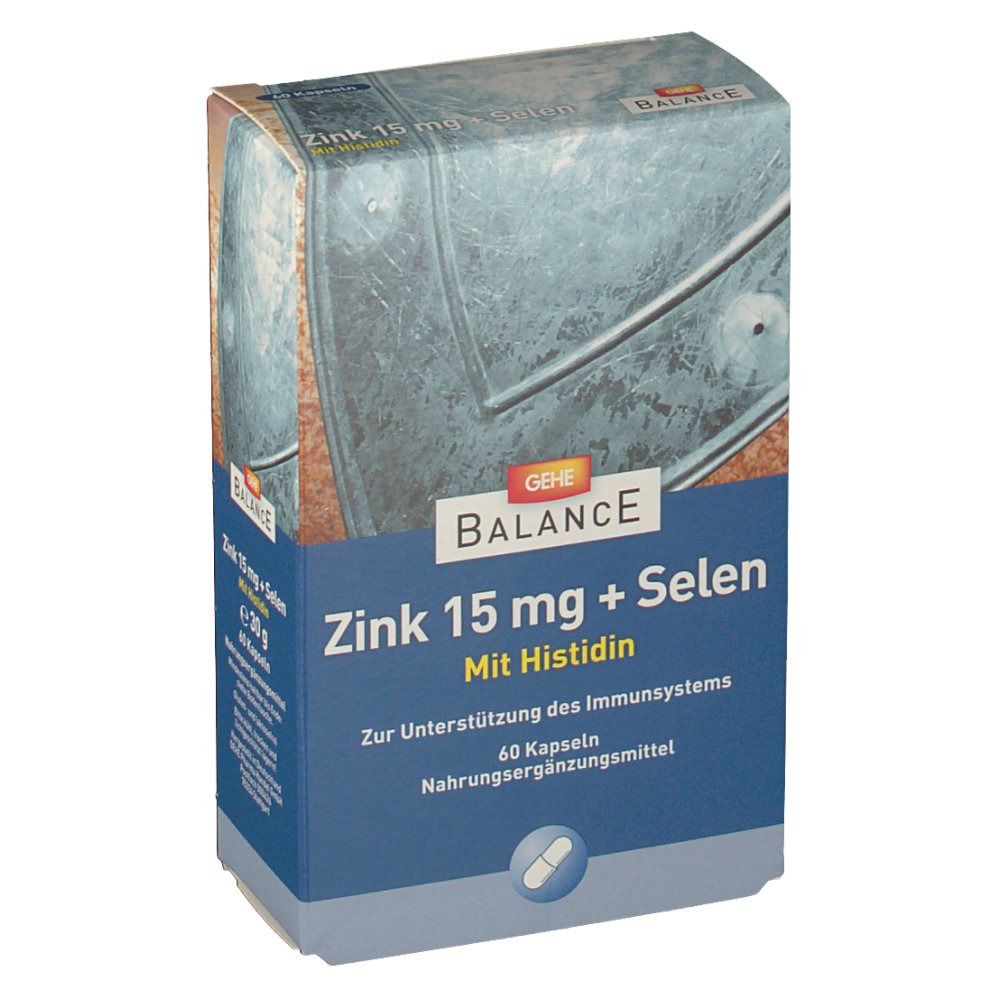 Karton mit "GEHE BALANCE Zink 15 mg + Selen". Blaue Schrift, 60 Kapseln. Nahrungsergänzungsmittel.