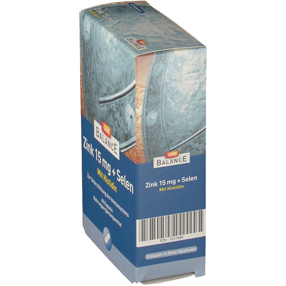 Schrägansicht der "GEHE BALANCE Zink 15 mg + Selen" Verpackung. Blaue Schrift, 60 Kapseln. Apotheken-Exklusiv.