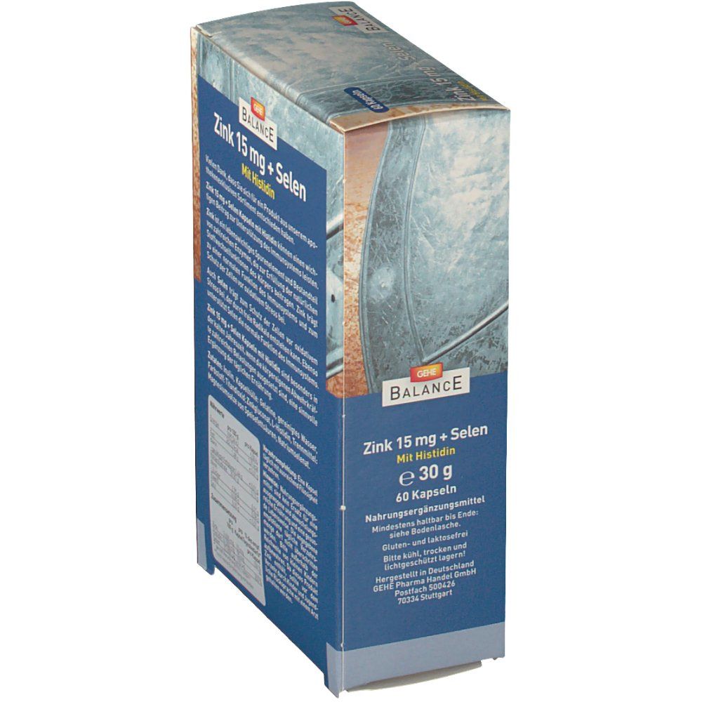 Seitenansicht der "GEHE BALANCE Zink 15 mg + Selen" Verpackung. 60 Kapseln, 30 g. Herstellerinformationen.