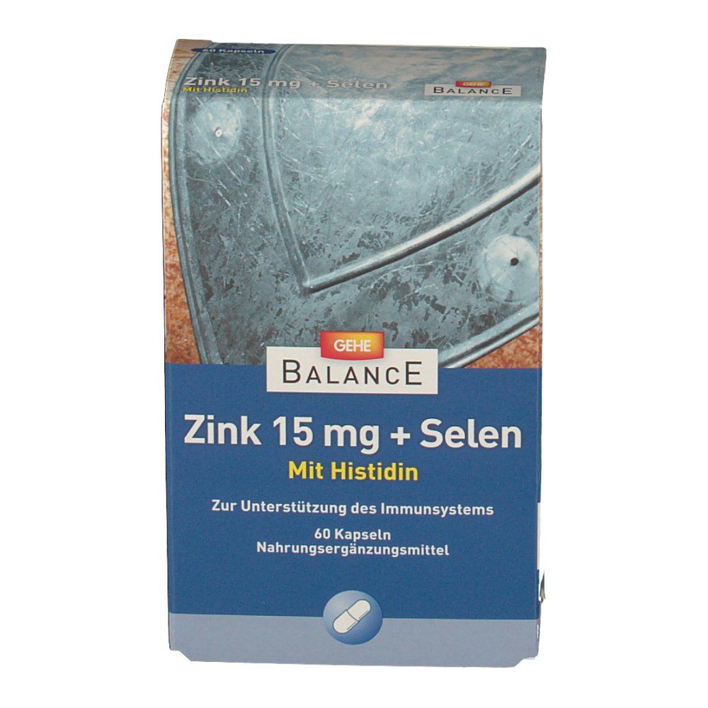 Vorderansicht der "GEHE BALANCE Zink 15 mg + Selen" Verpackung. Blaue Schrift, 60 Kapseln. Nahrungsergänzungsmittel.