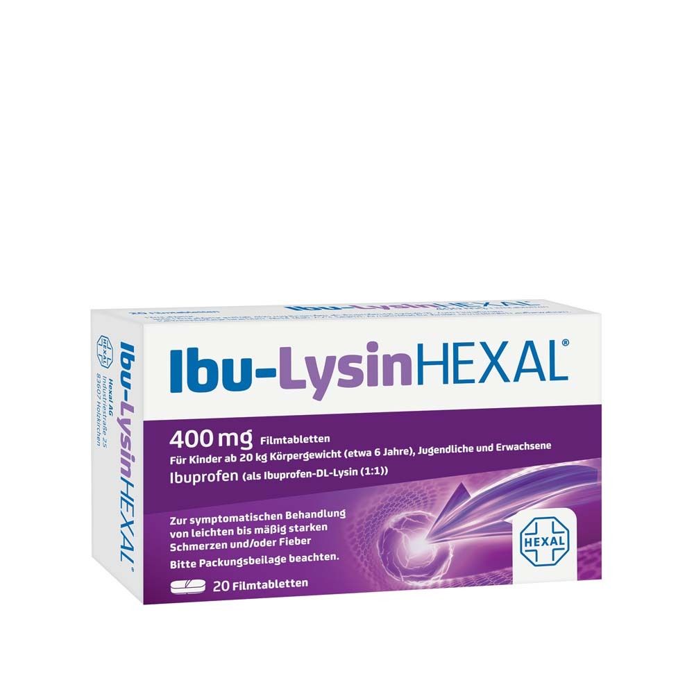 Schachtel Ibu-LysinHEXAL 400 mg Filmtabletten. Enthält 20 Tabletten. Aufdruck mit Produktinformationen und HEXAL-Logo.