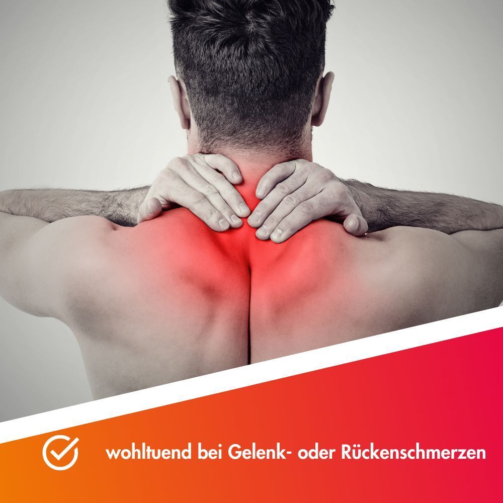Mann mit schmerzenden Schultern und Nacken, roter Bereich zeigt Schmerz. "Wohltuend bei Gelenk- oder Rückenschmerzen".