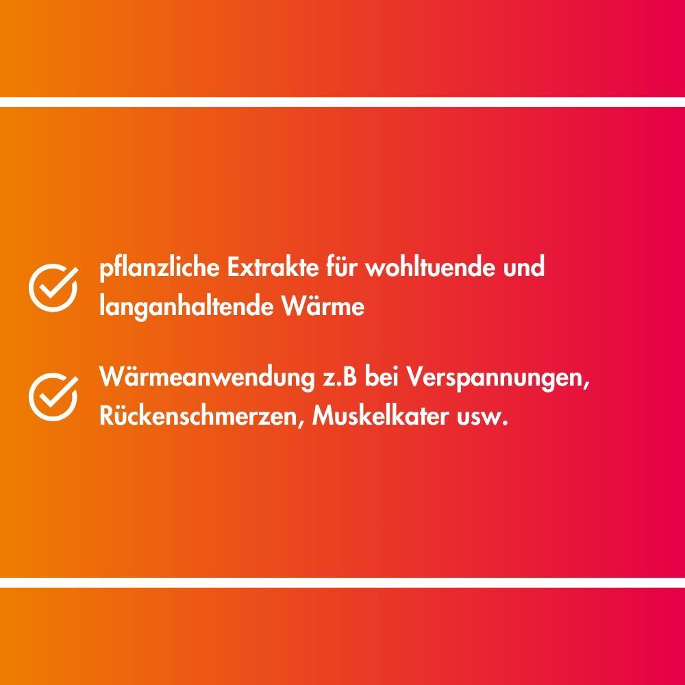 Zwei Punkte: "Pflanzliche Extrakte für wohltuende und langanhaltende Wärme" und "Wärmeanwendung z.B. bei Verspannungen, Rückenschmerzen, Muskelkater usw.".