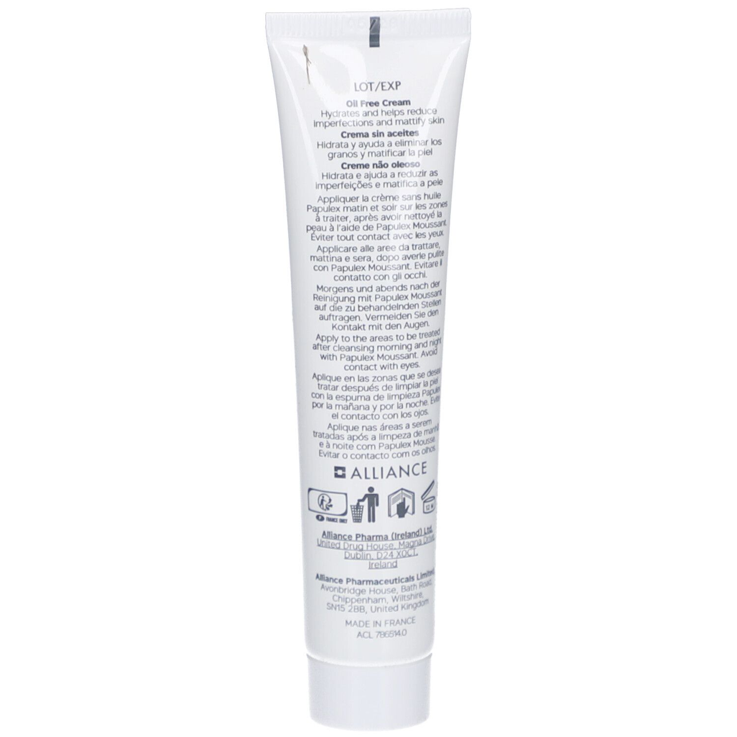 Rückseite der PAPULEX Ölfreie Creme Tube. Text in mehreren Sprachen. 40 ml.