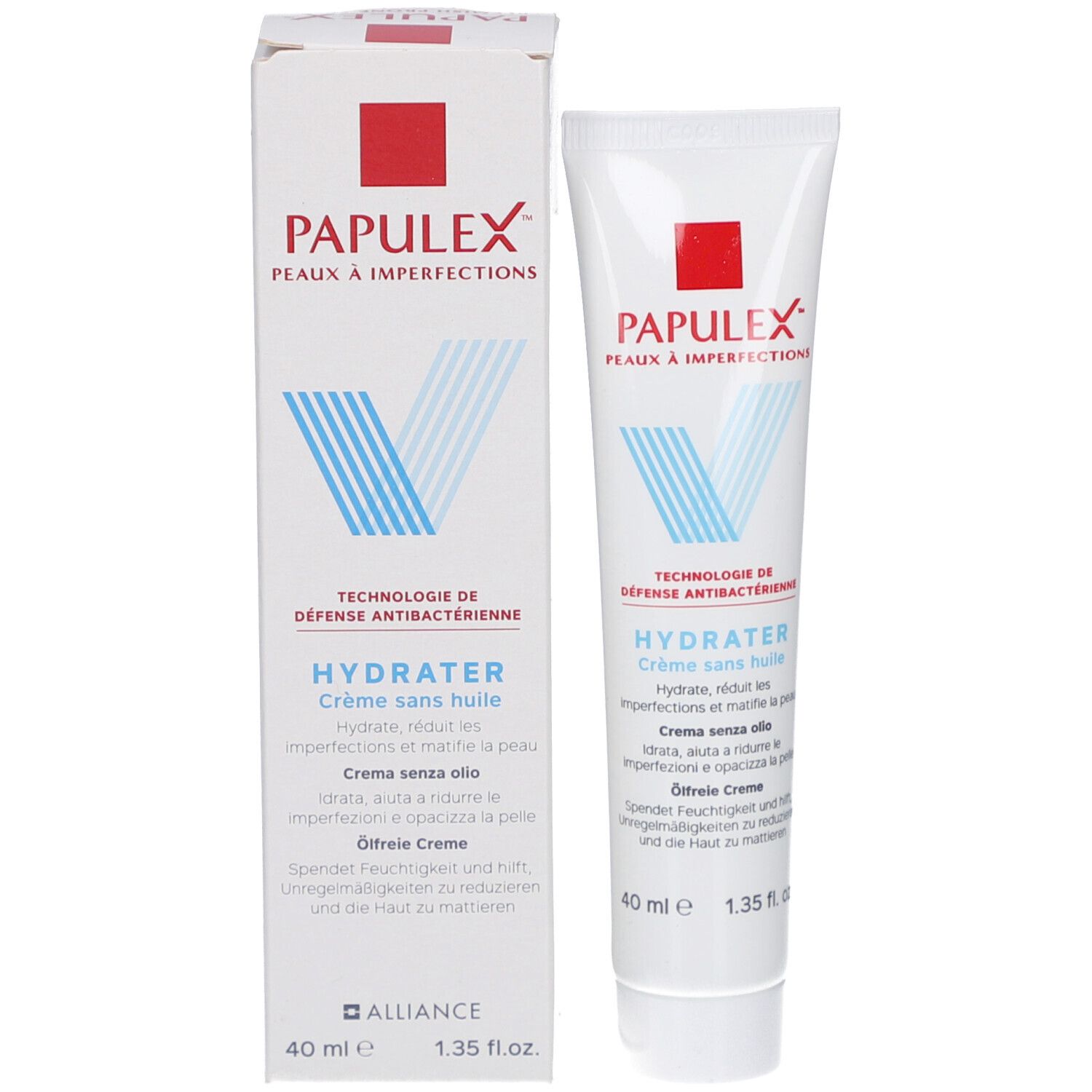 PAPULEX Ölfreie Creme, Tube und Verpackung. Weiß mit rotem Rechteck und Schriftzug. 40 ml.