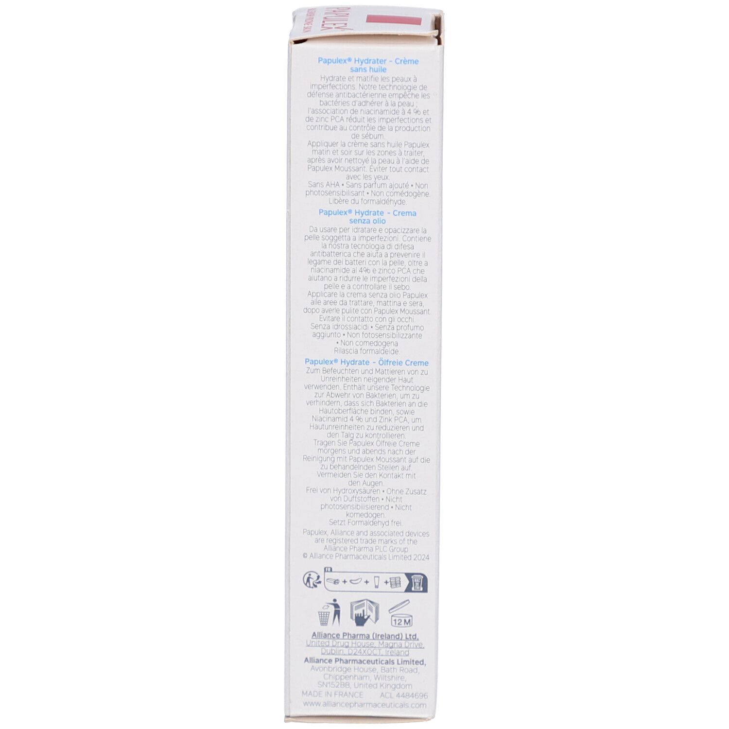 Rückseite der PAPULEX Ölfreie Creme Verpackung. Text in mehreren Sprachen. 40 ml.