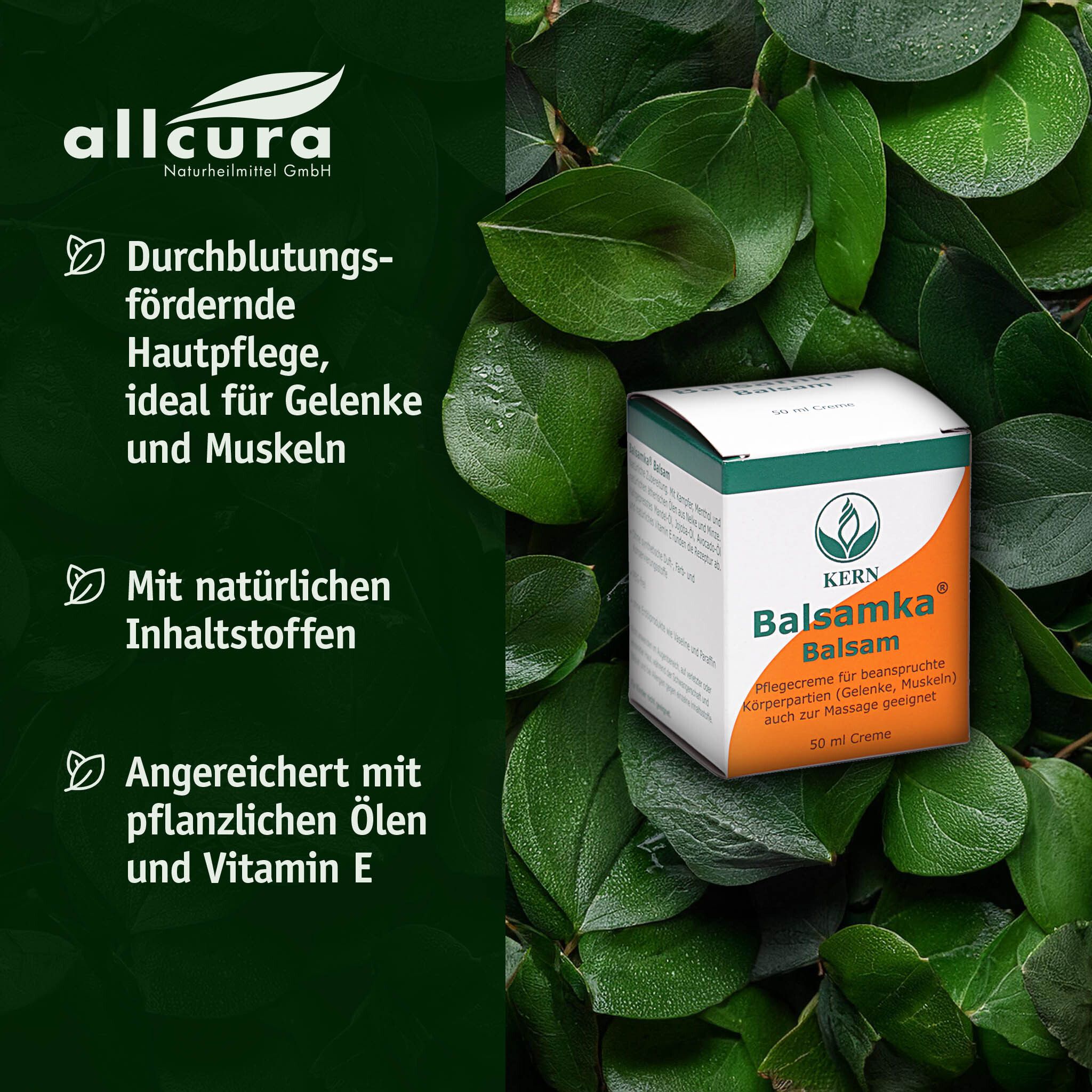 Produktverpackung von Balsamka Balsam in Blättern. Text: Durchblutungsfördernde Hautpflege, ideal für Gelenke und Muskeln.