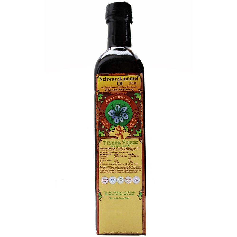 Braune Glasflasche mit schwarzem Deckel. Aufschrift Schwarzkümmel Öl. Etikett mit Logo und Text. Marke Tierra Verde.