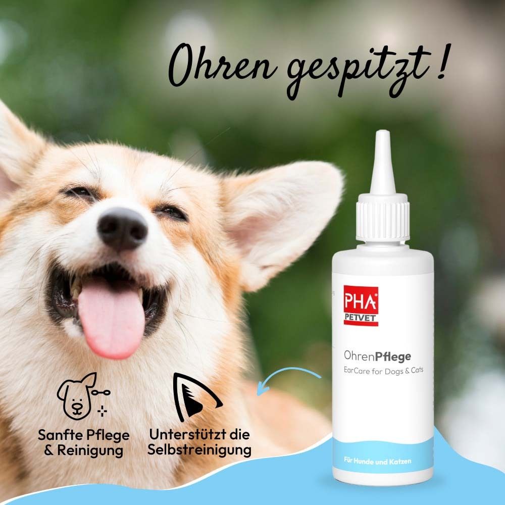 Hund mit Produktflasche. Text: OhrenPflege. Sanfte Pflege & Reinigung. Unterstützt die Selbstreinigung.