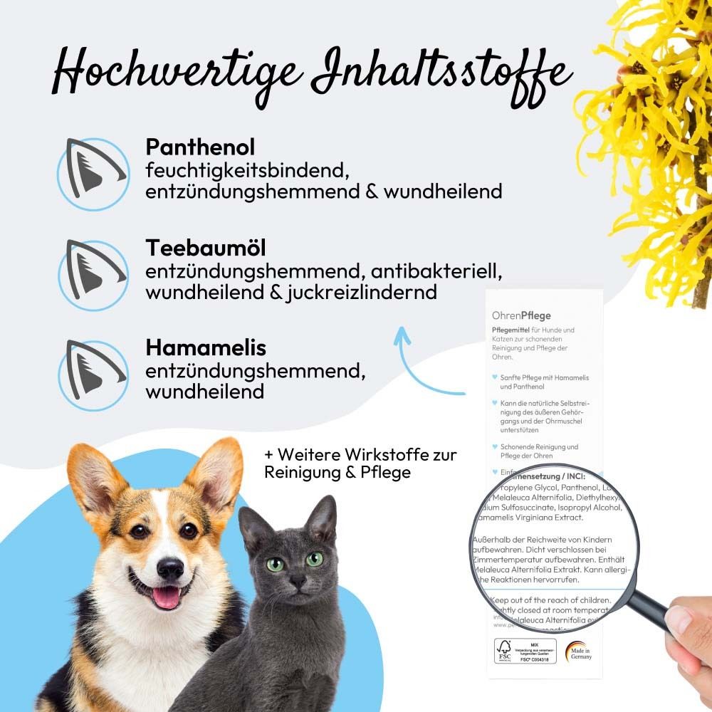 Produktinformationen mit Inhaltsstoffen. Text: Panthenol, Teebaumöl, Hamamelis. Abbildung eines Hundes und einer Katze.