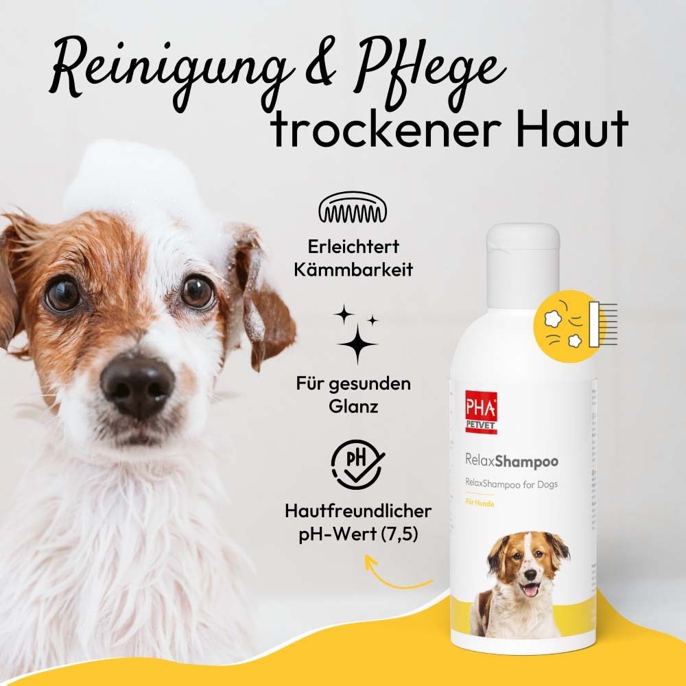 Hund mit Schaum auf dem Kopf. Text: Reinigung & Pflege trockener Haut. Flasche RelaxShampoo. pH-Wert 7,5.