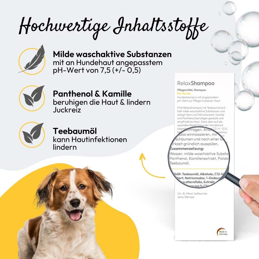 Infografik mit Inhaltsstoffen. Milde waschaktive Substanzen, Panthenol & Kamille, Teebaumöl. Flasche RelaxShampoo.