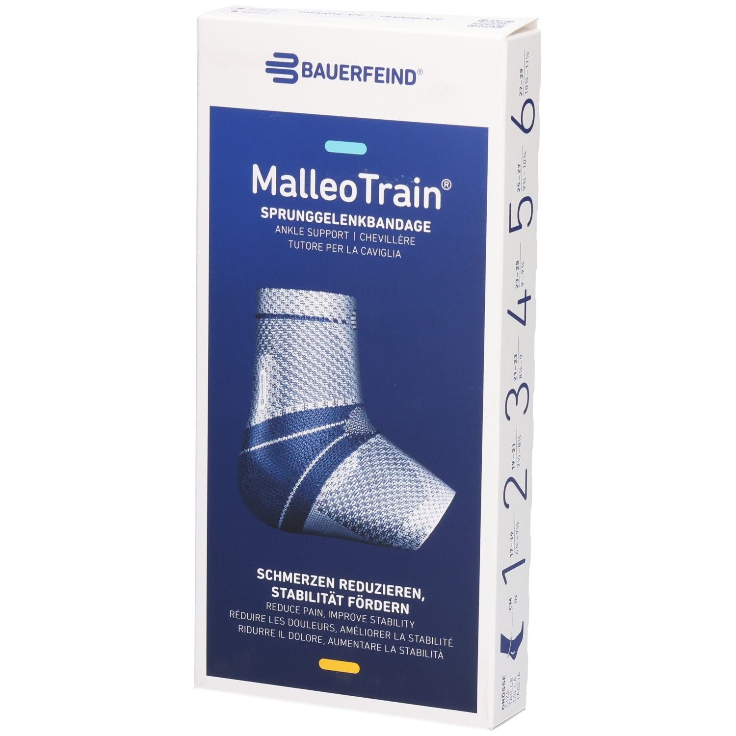 Verpackung der MalleoTrain Sprunggelenkbandage. Blau-weißes Design mit Produktabbildung und Größenangaben.