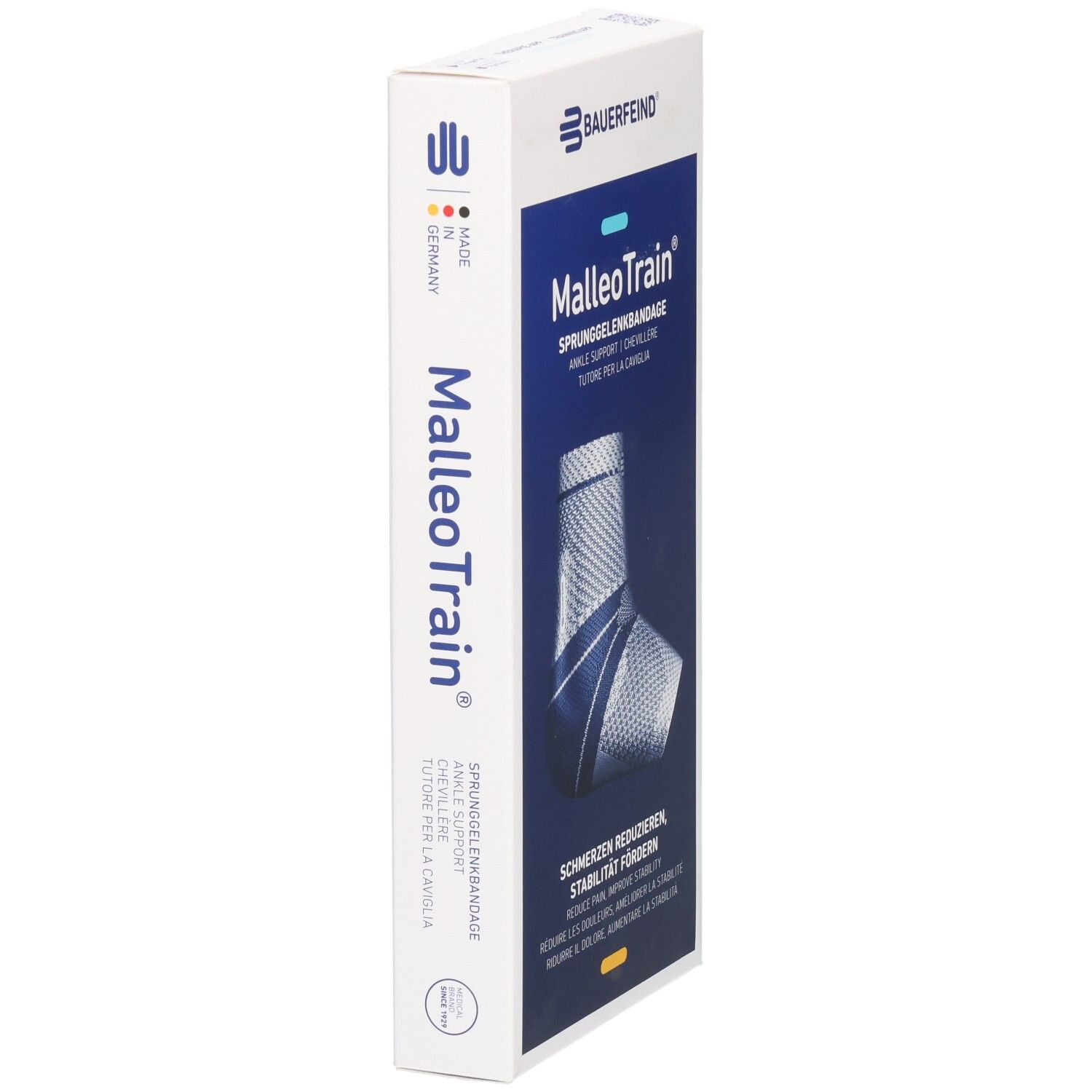 Seitenansicht der MalleoTrain Verpackung. Produktname und Logo deutlich sichtbar. Hergestellt in Deutschland.