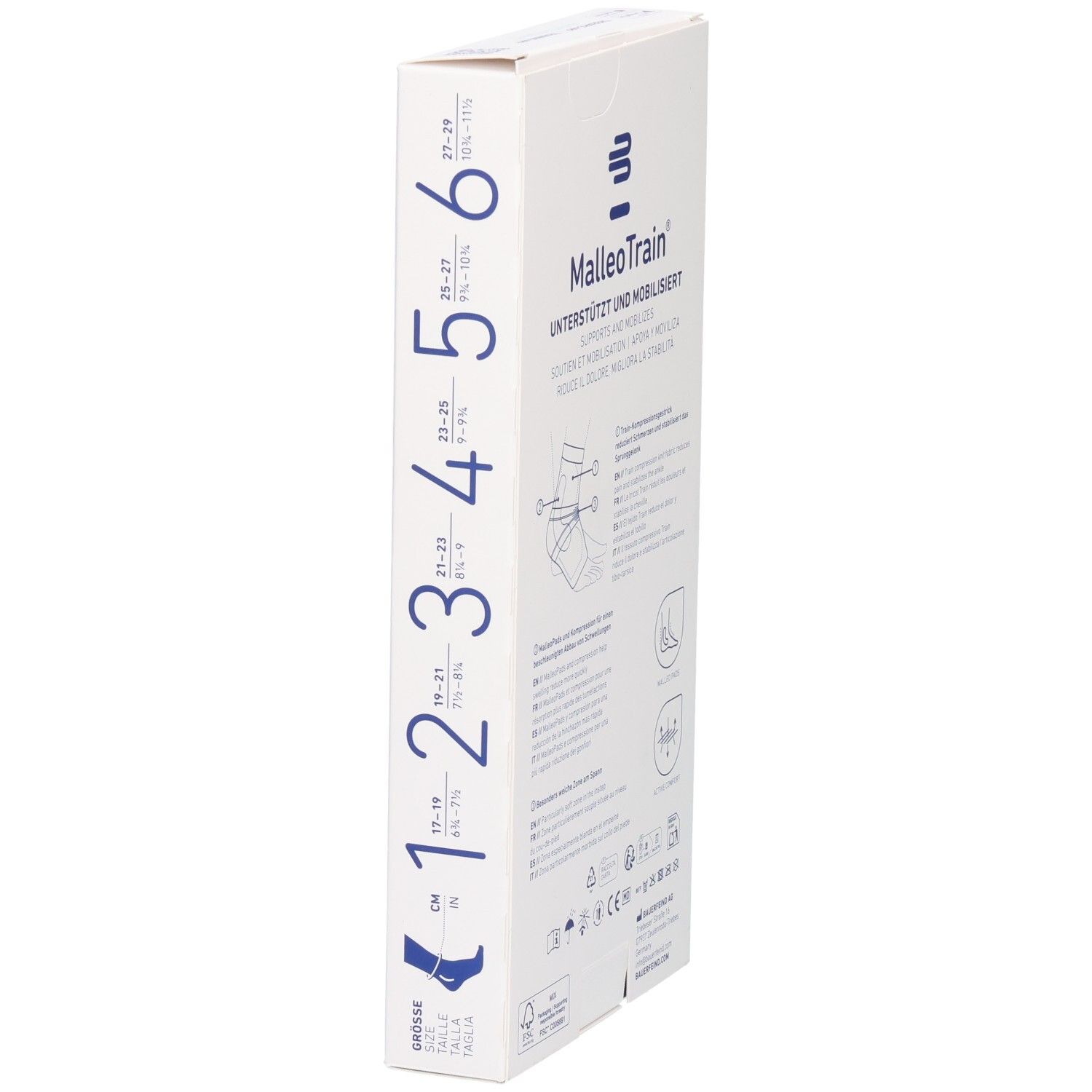 Seitenansicht der MalleoTrain Verpackung. Größenangaben und Produktinformationen.