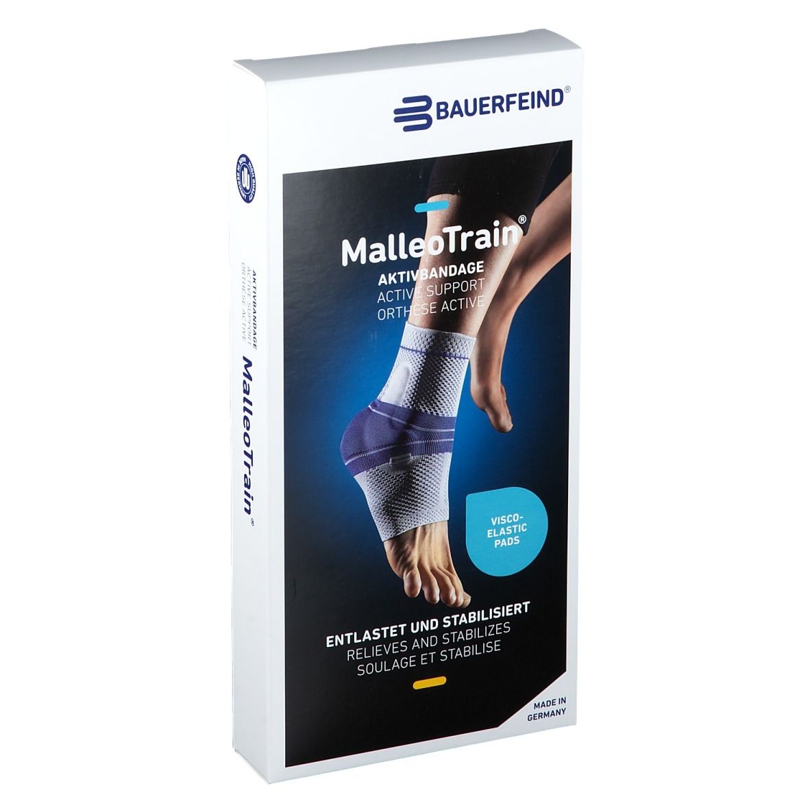 Verpackung der MalleoTrain Aktivbandage. Auf der Vorderseite ist ein Fuß mit Bandage abgebildet. Text: Aktivbandage, entlastet und stabilisiert.