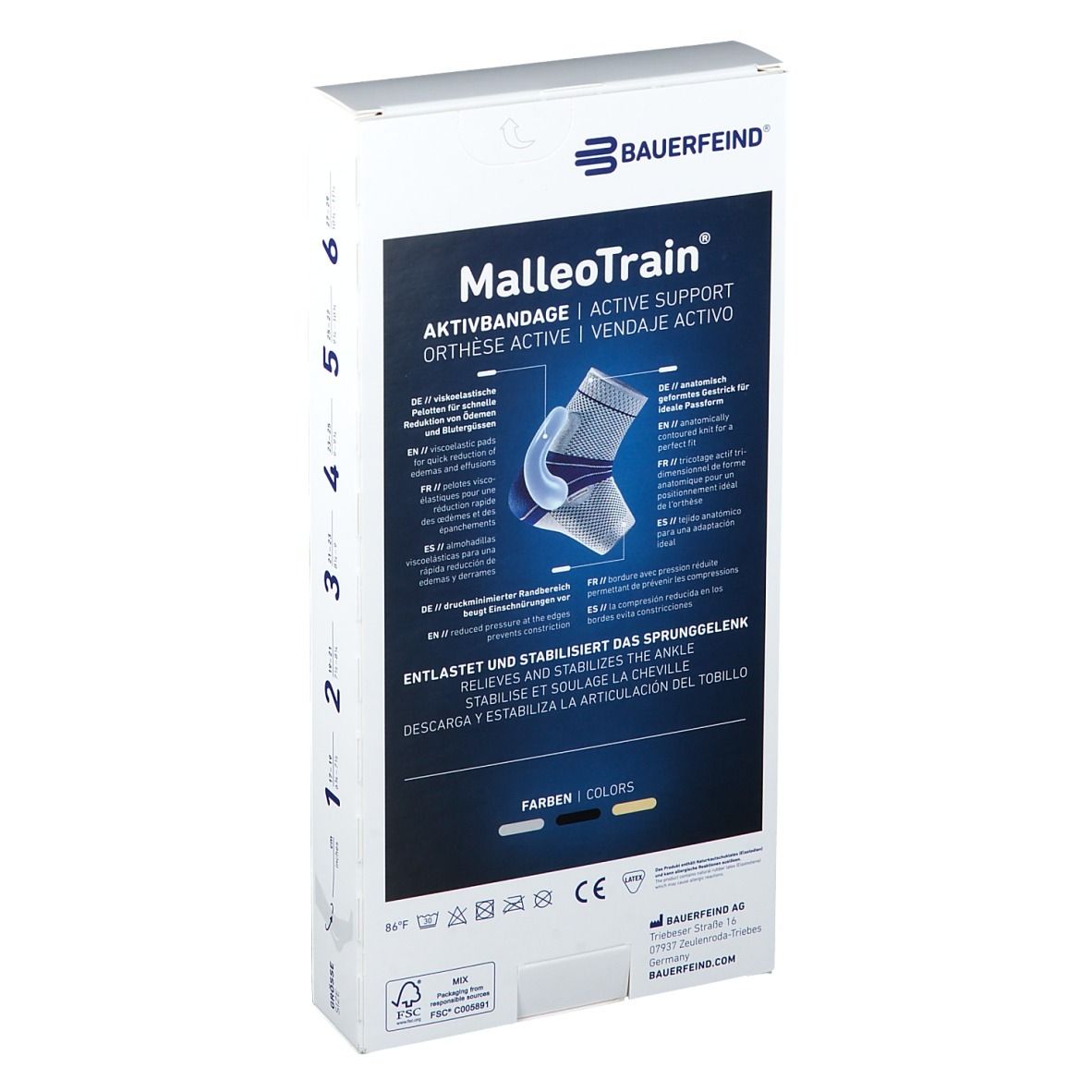 Rückseite der MalleoTrain Aktivbandage Verpackung. Produktabbildung und Informationen. Text: Aktivbandage, entlastet und stabilisiert das Sprunggelenk.