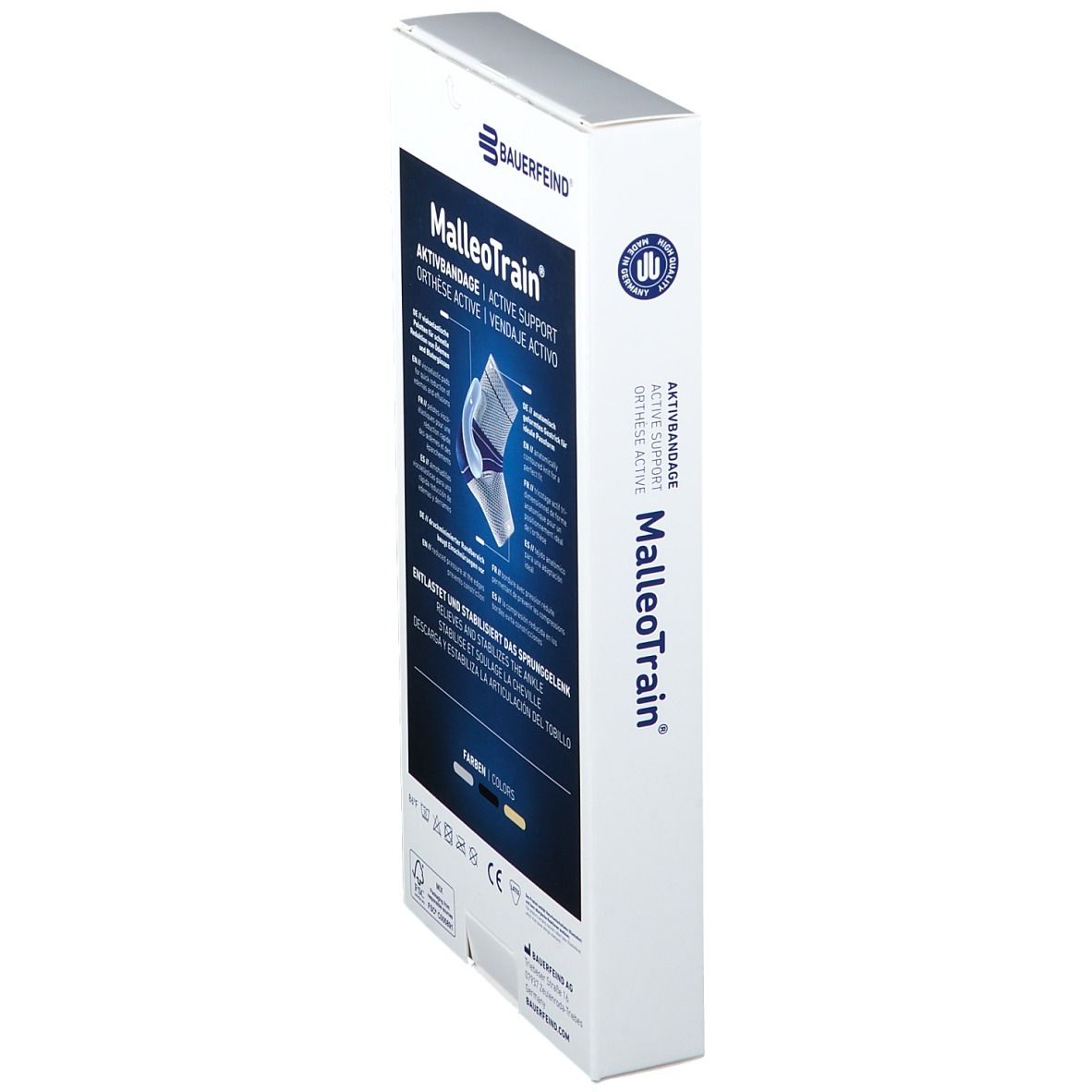 Seitenansicht der MalleoTrain Aktivbandage Verpackung. Produktabbildung und Informationen. Text: Aktivbandage, entlastet und stabilisiert das Sprunggelenk.