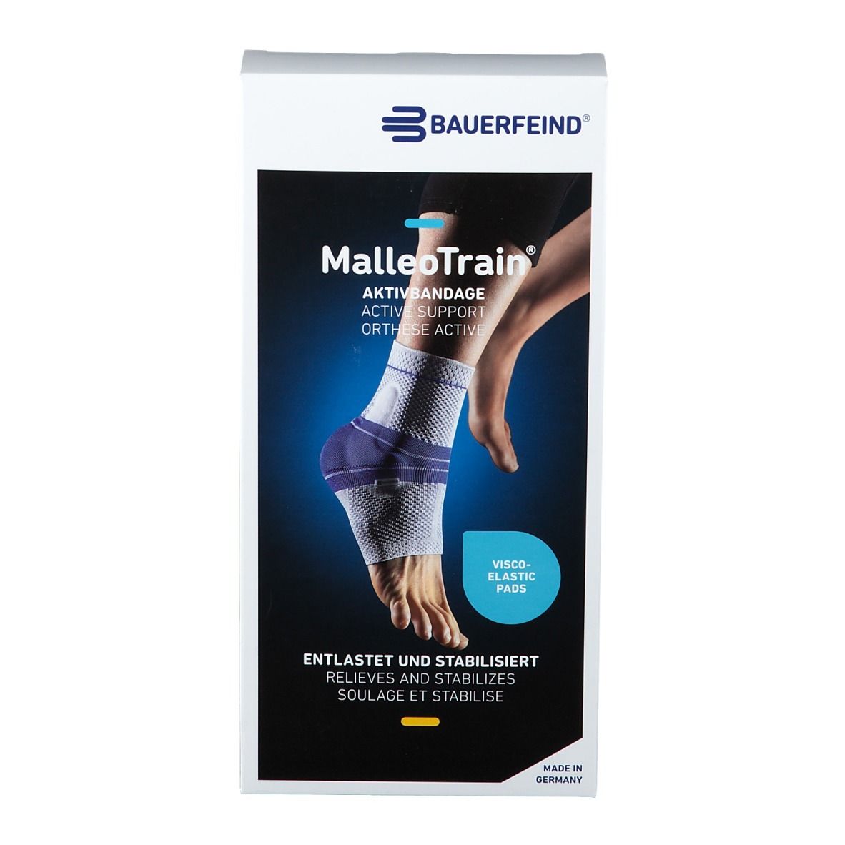 Verpackung der MalleoTrain Aktivbandage. Auf der Vorderseite ist ein Fuß mit Bandage abgebildet. Text: Aktivbandage, entlastet und stabilisiert.