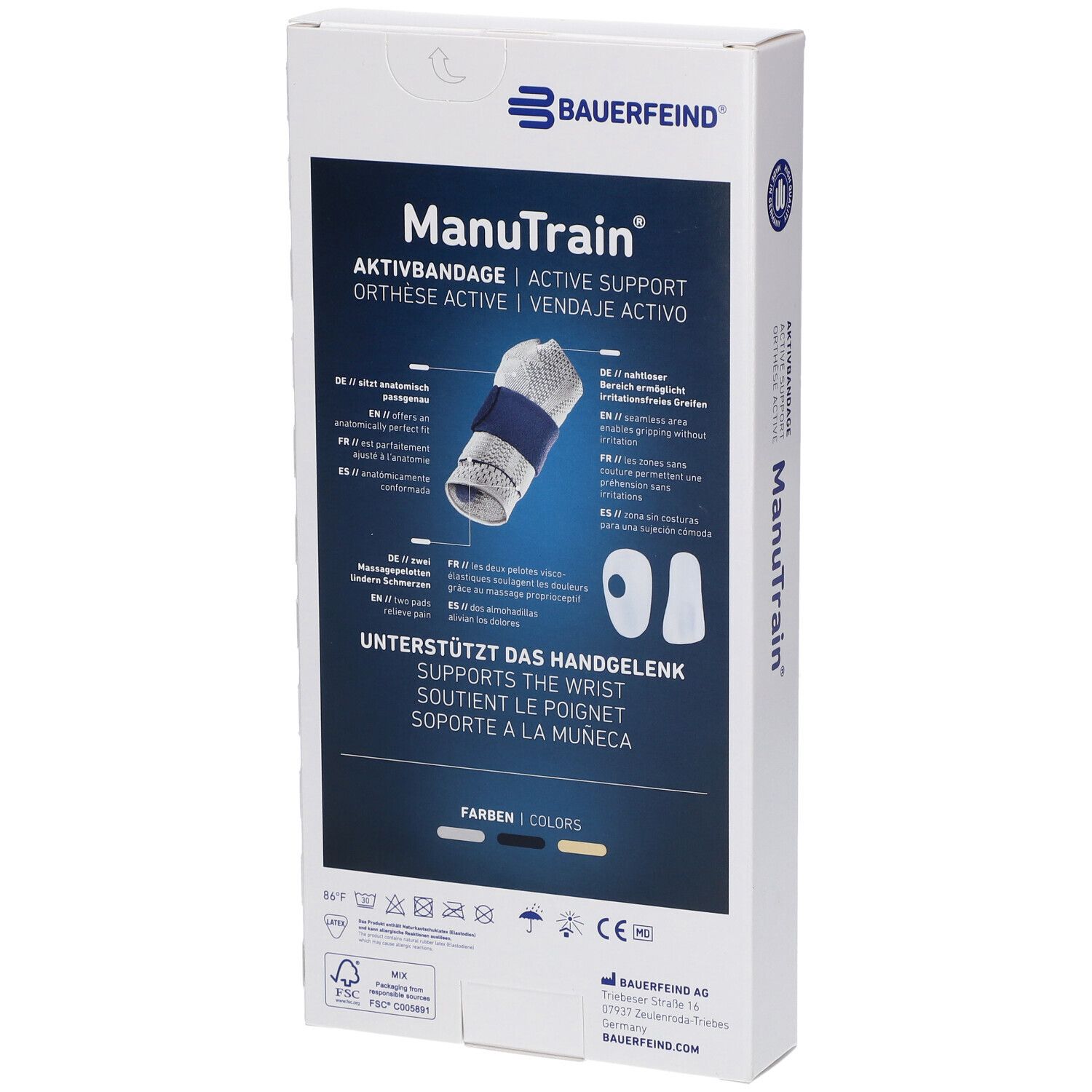 Rückseite der Verpackung. Handgelenkbandage. Marke Bauerfeind. Aufdruck: ManuTrain, Aktivbandage. Unterstützt das Handgelenk. Farben: Schwarz, Beige.