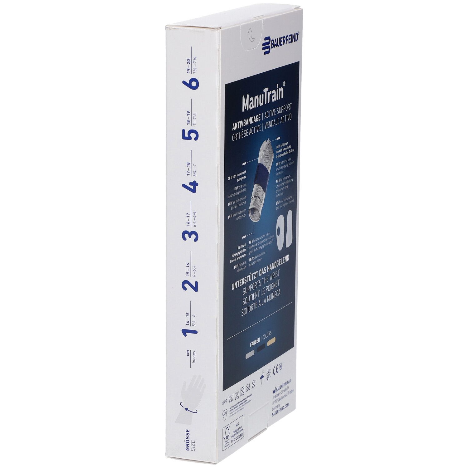 Verpackung, Handgelenkbandage. Marke Bauerfeind. Aufdruck: ManuTrain, Aktivbandage. Größenangaben. Unterstützt das Handgelenk. Made in Germany.