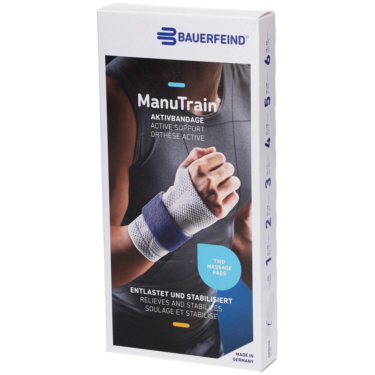 Verpackung der ManuTrain Aktivbandage. Auf der Vorderseite ist eine Hand mit Bandage abgebildet. Text: Entlastet und stabilisiert.