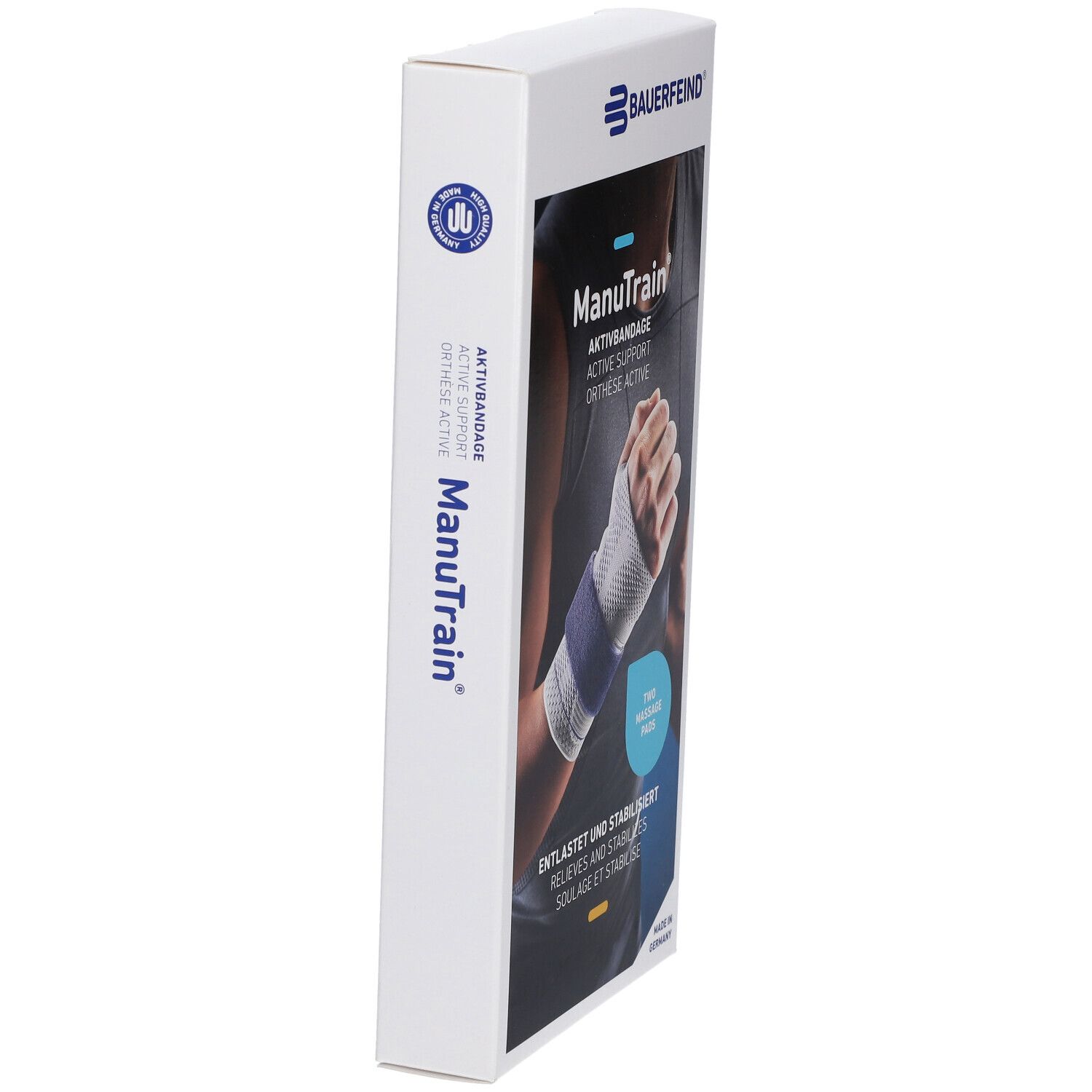 Seitenansicht der ManuTrain-Verpackung. Das Produkt ist auf der Verpackung abgebildet. Text: ManuTrain Aktivbandage. Bauerfeind Logo.