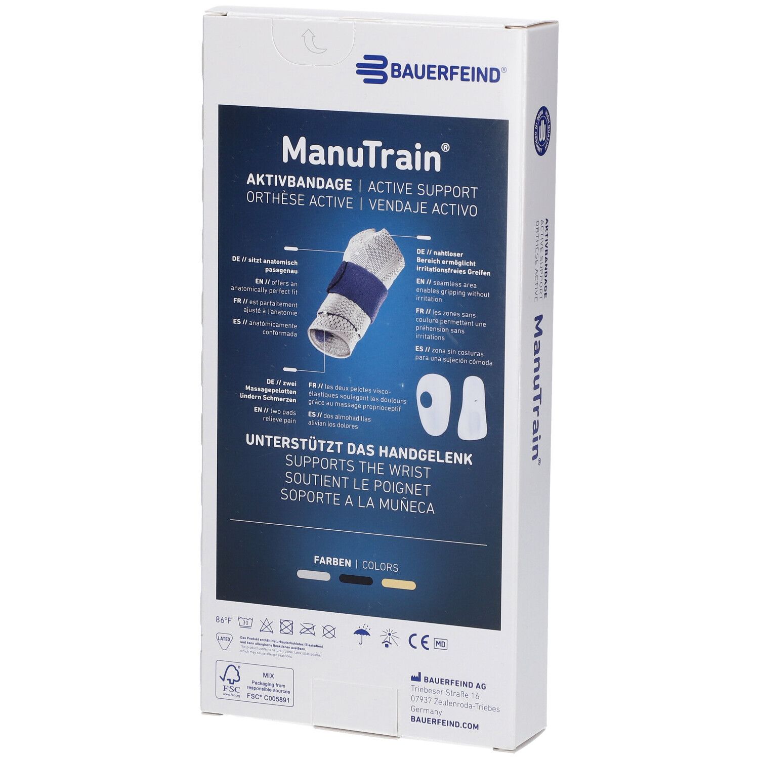 Rückseite der ManuTrain-Verpackung. Produktabbildung und Informationen. Text: Unterstützt das Handgelenk. Farben: Schwarz, Blau.