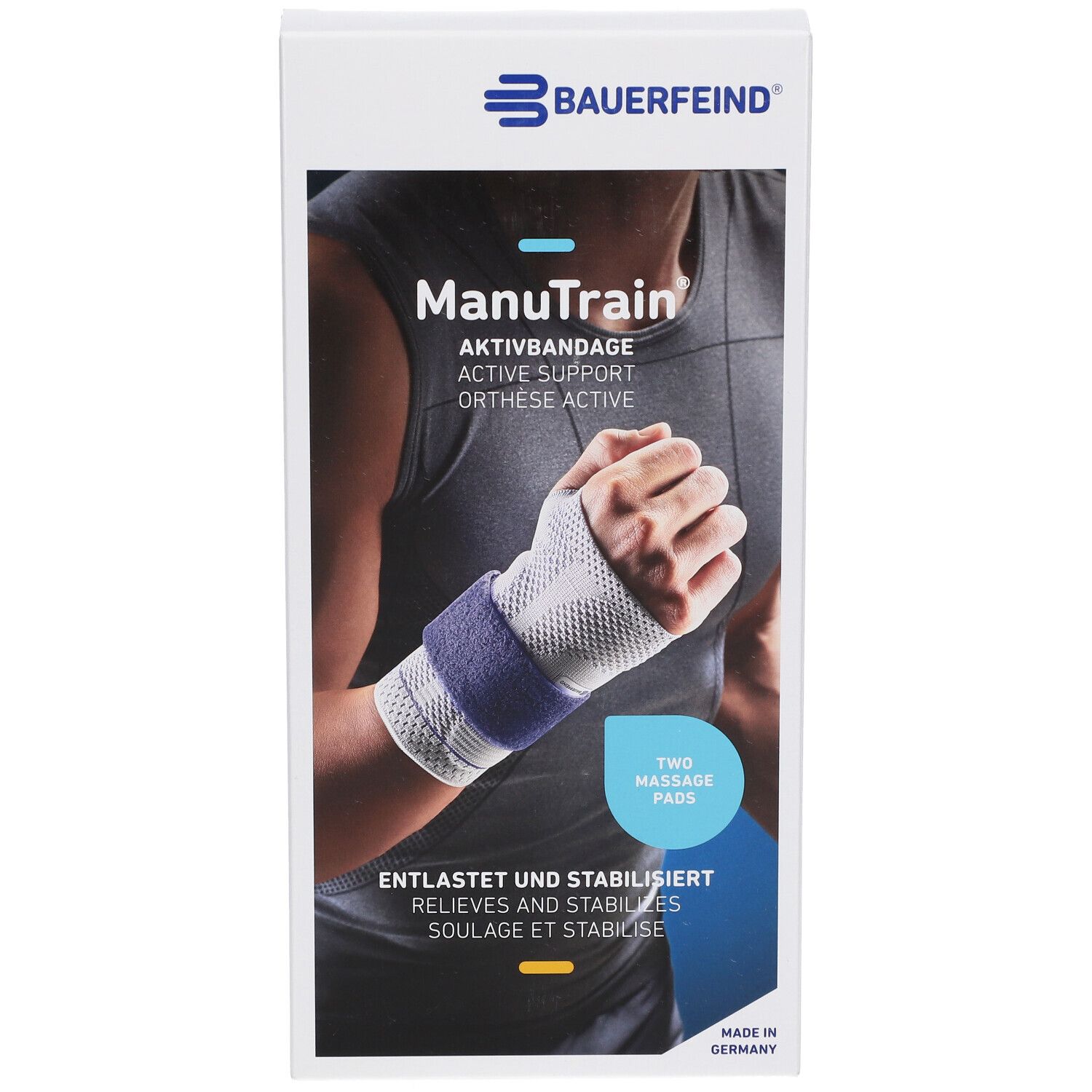 Vorderansicht der ManuTrain-Verpackung. Eine Hand mit Bandage ist abgebildet. Text: Zwei Massage Pads. Entlastet und stabilisiert.