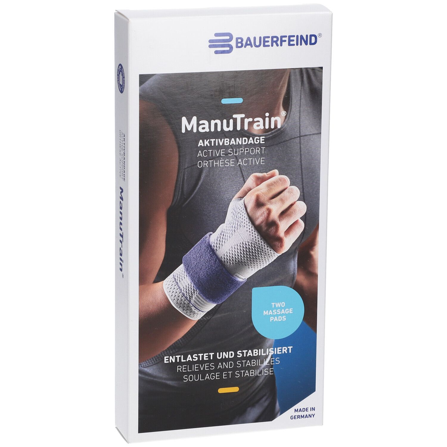 Vorderansicht der ManuTrain-Verpackung. Eine Hand mit Bandage ist abgebildet. Text: Zwei Massage Pads. Entlastet und stabilisiert.