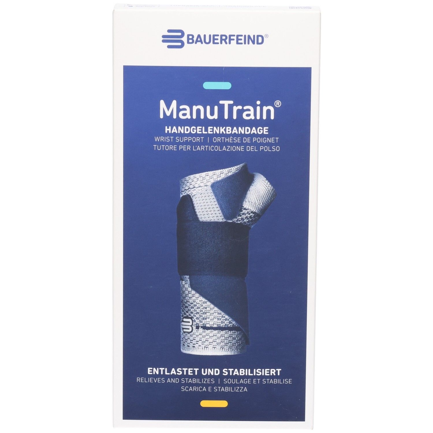 Vorderseite der ManuTrain Verpackung mit detaillierter Abbildung der Handgelenkbandage.
